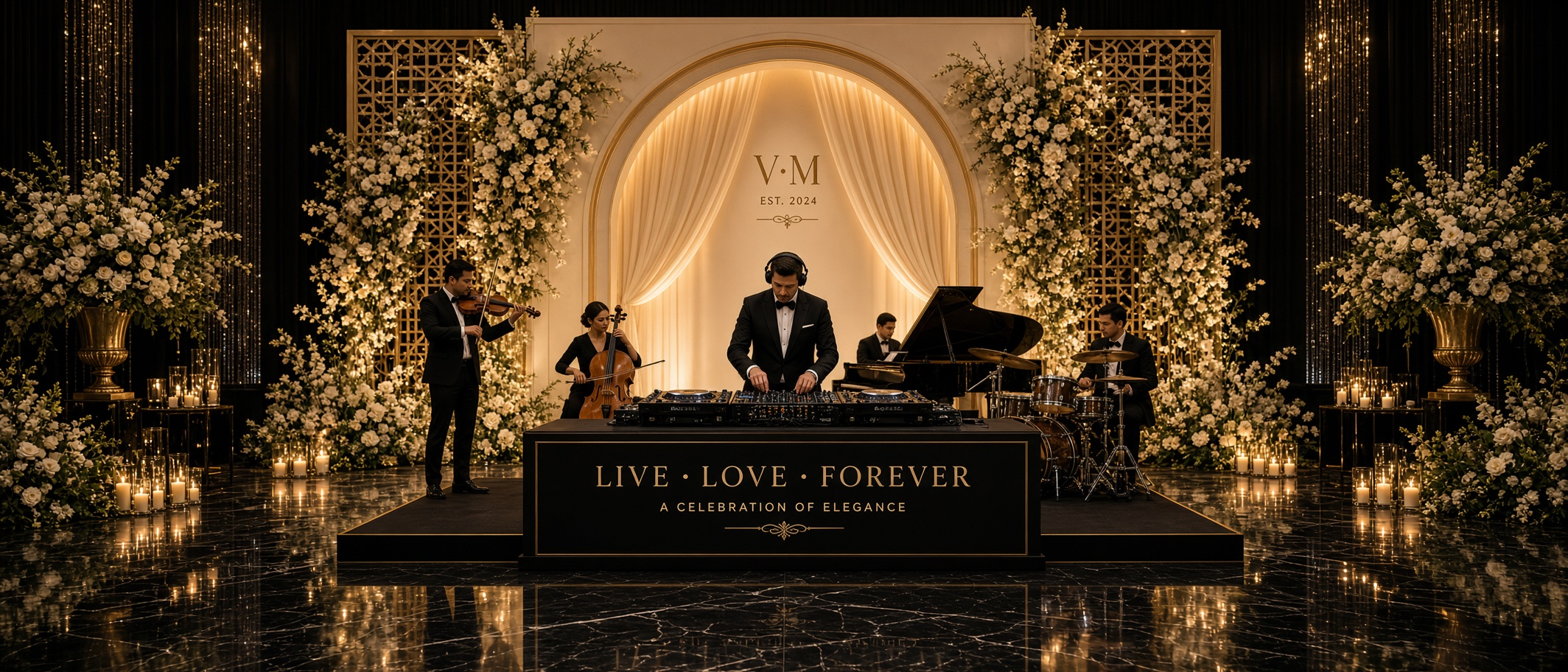 Wedding DJ with live musicians performing a hybrid reception set
