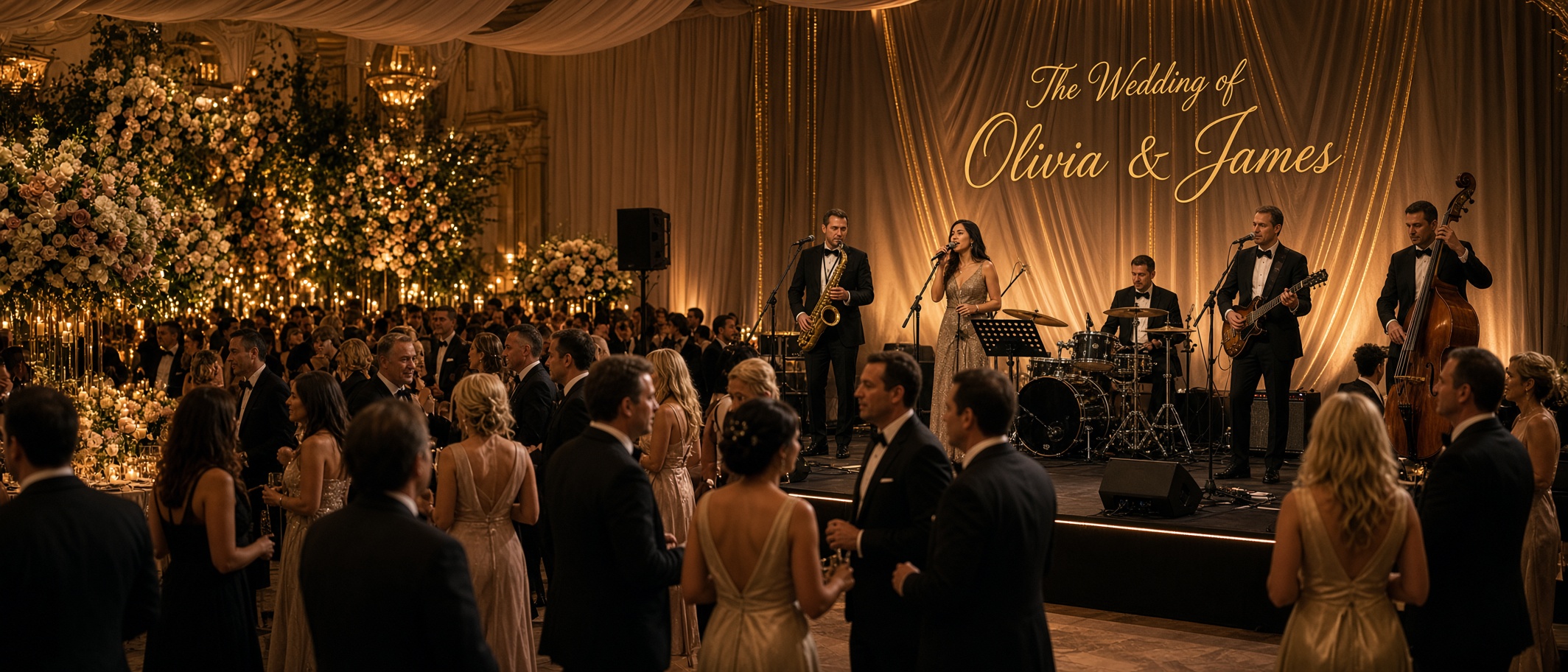 Luxury wedding reception with live band and dancing guests