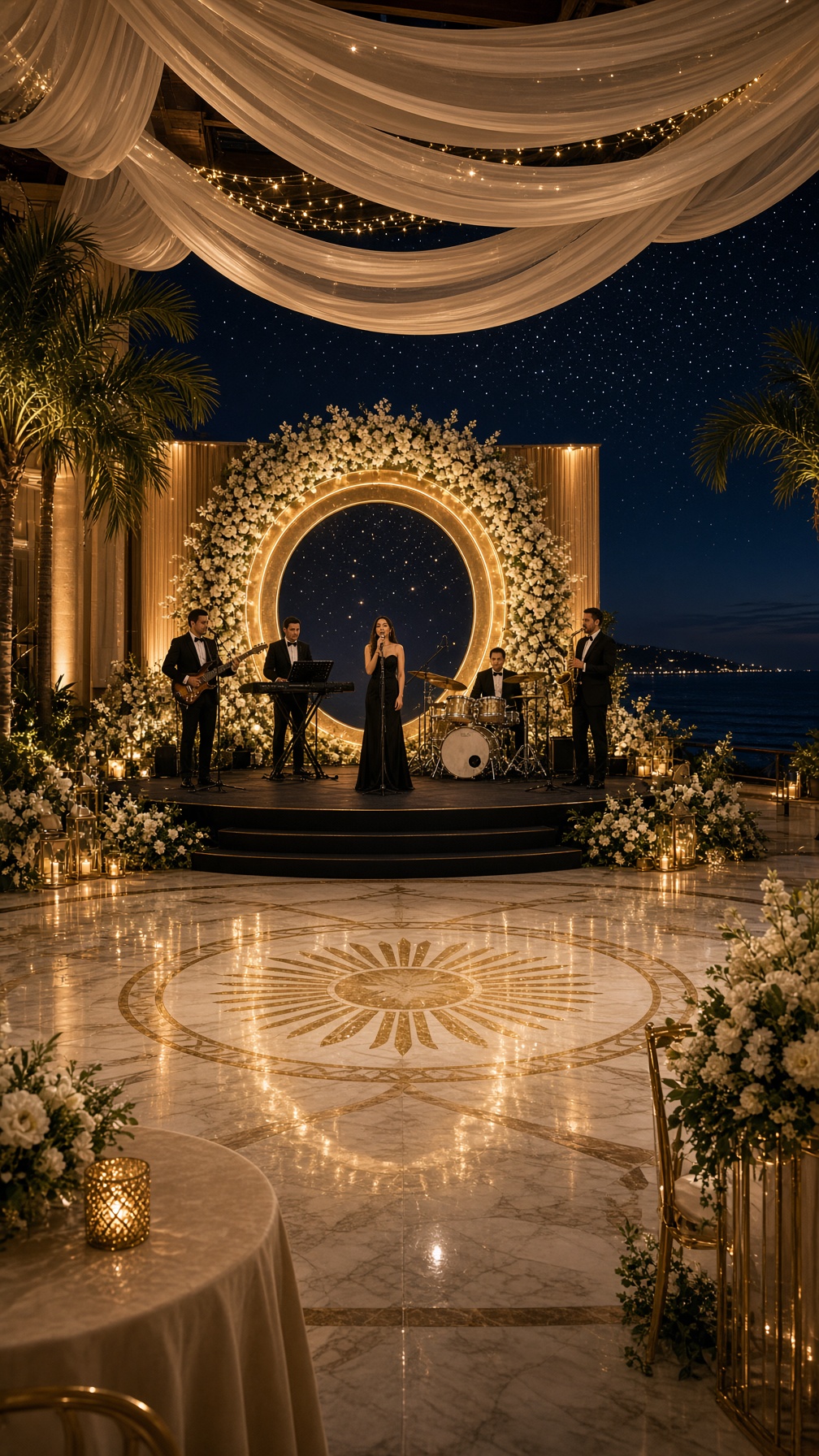 Professional band stage sound and lighting setup at a corporate event