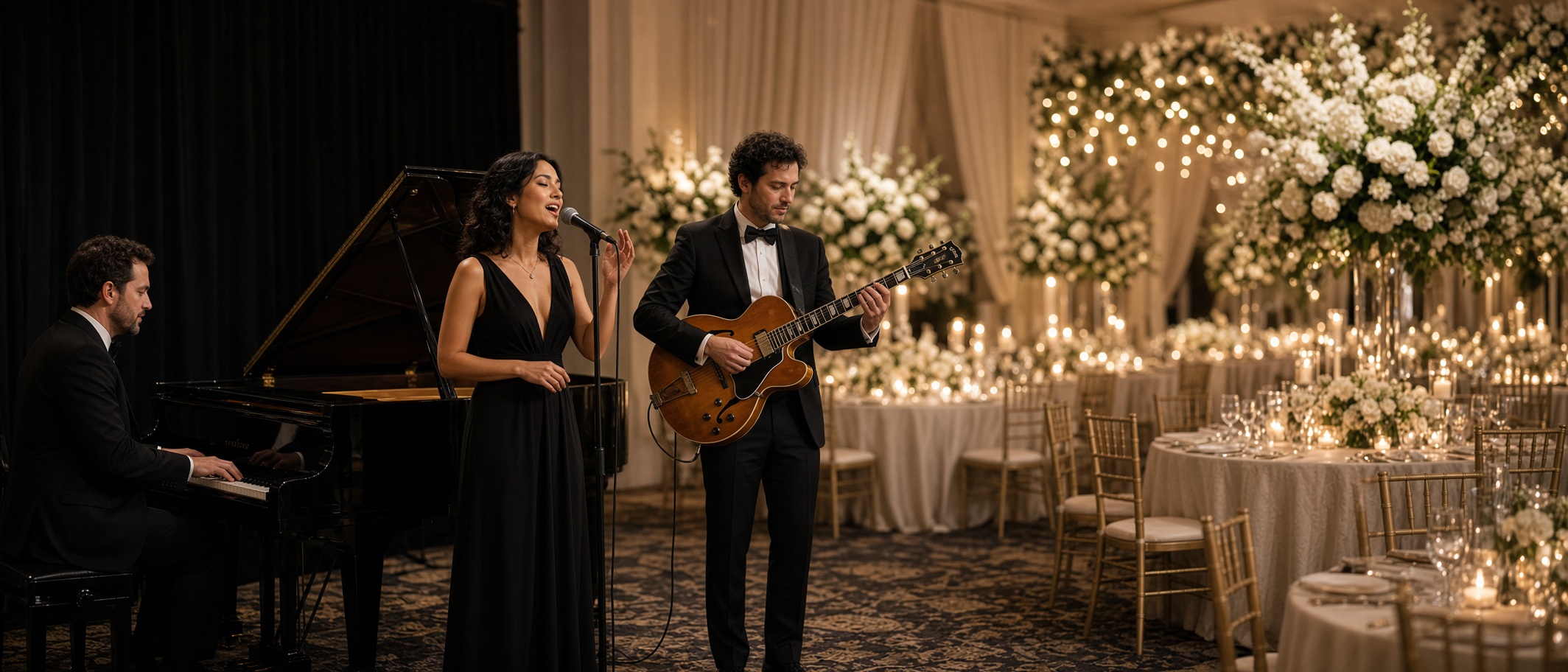 Piano vocalist and guitar trio performing wedding cocktail hour music