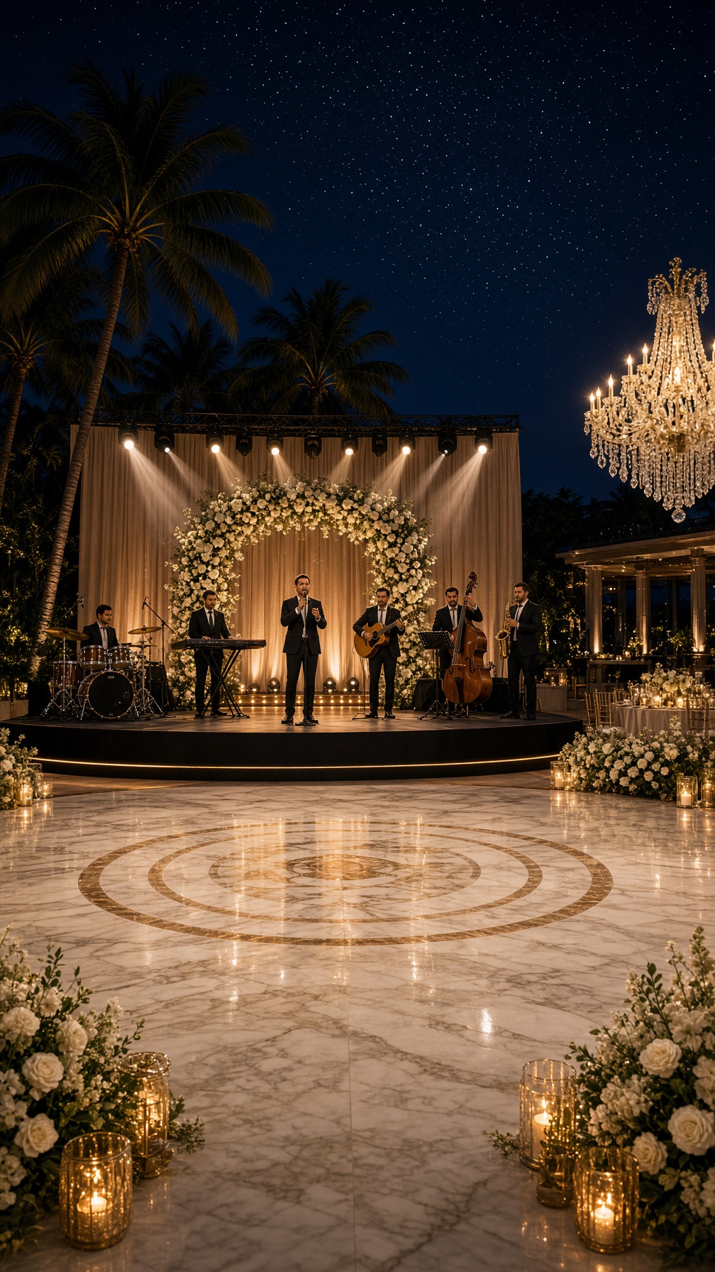 Professional band stage sound and lighting setup at a corporate event