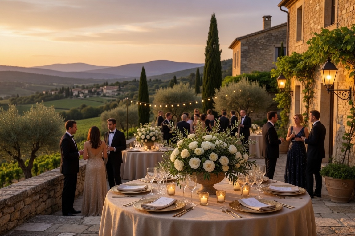 Luxury Provence destination wedding reception at a private estate