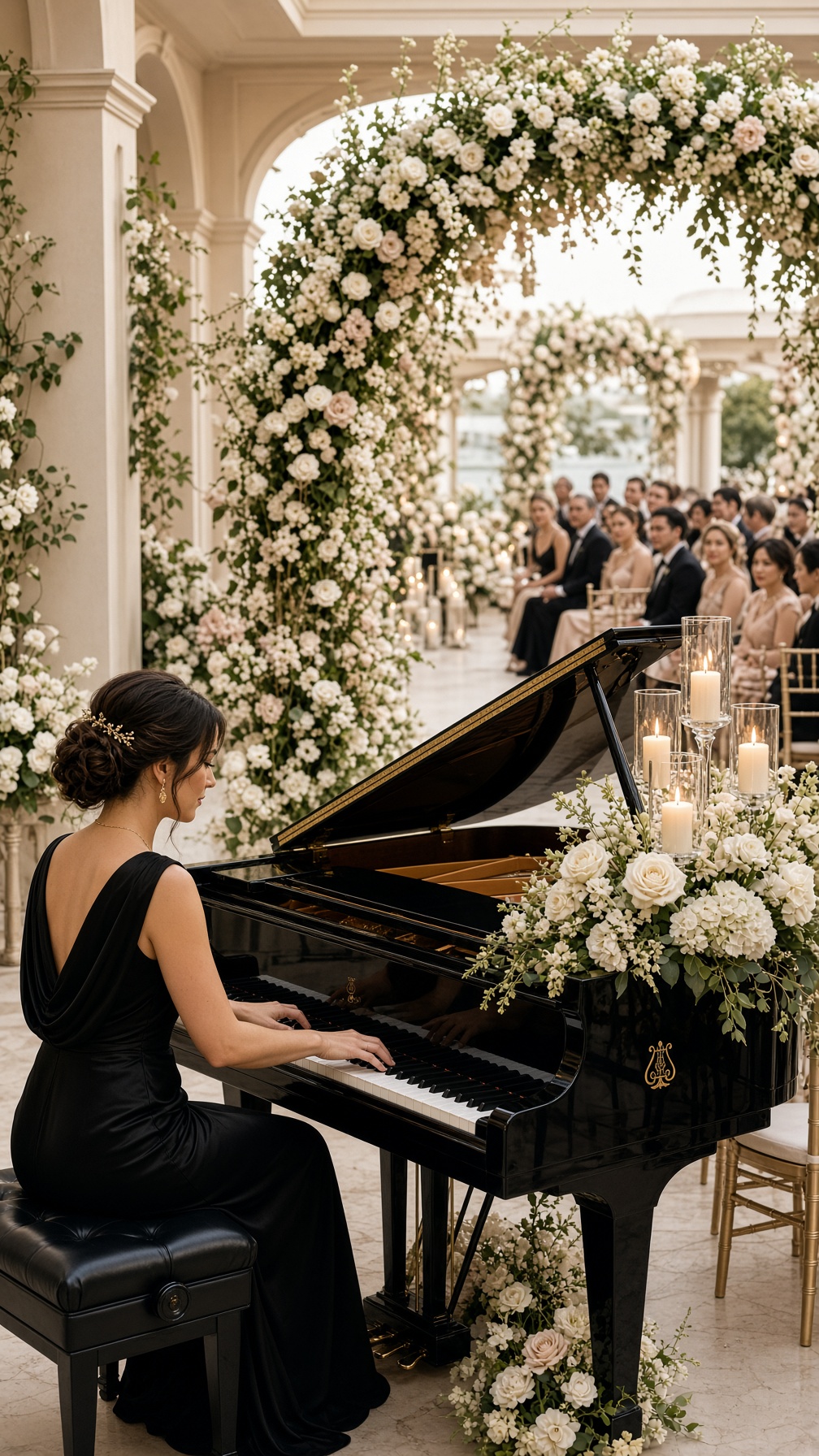 Pianist performing live ceremony music at a luxury wedding