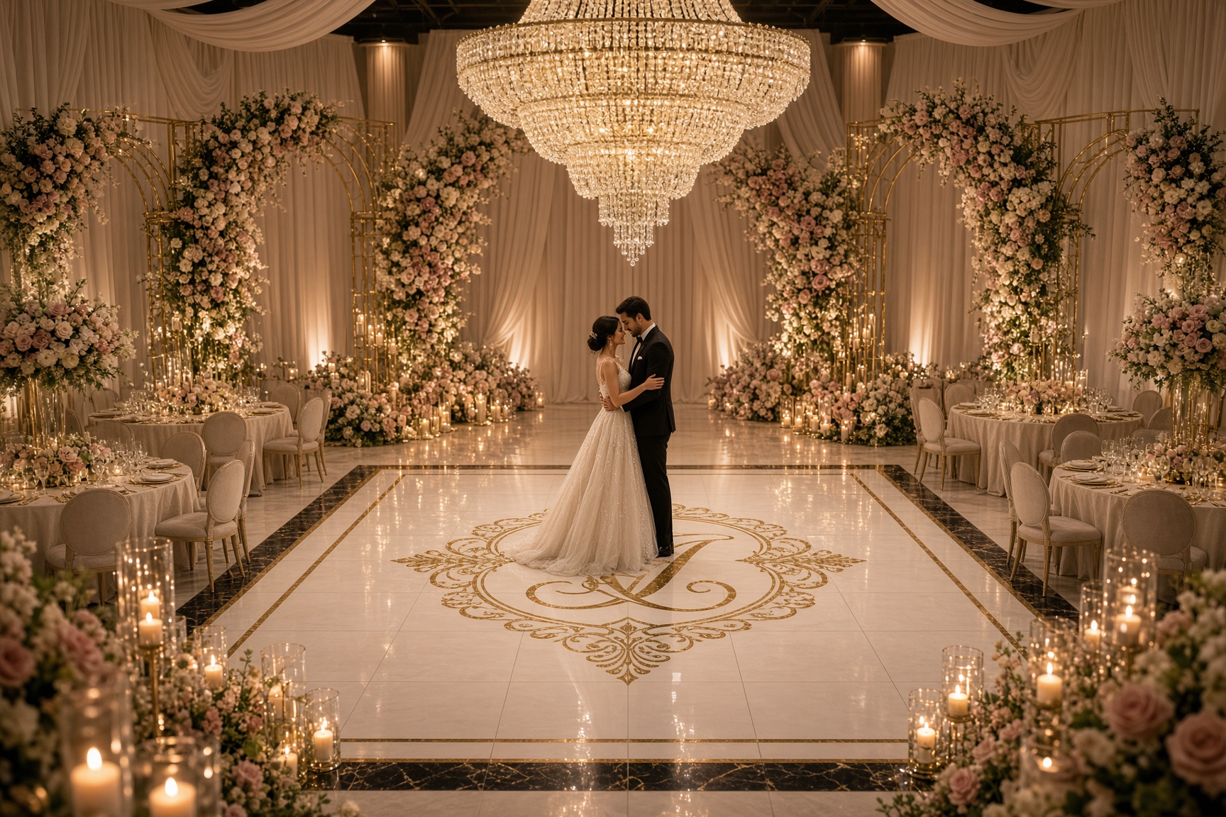 Luxury wedding reception dance floor with bride and groom