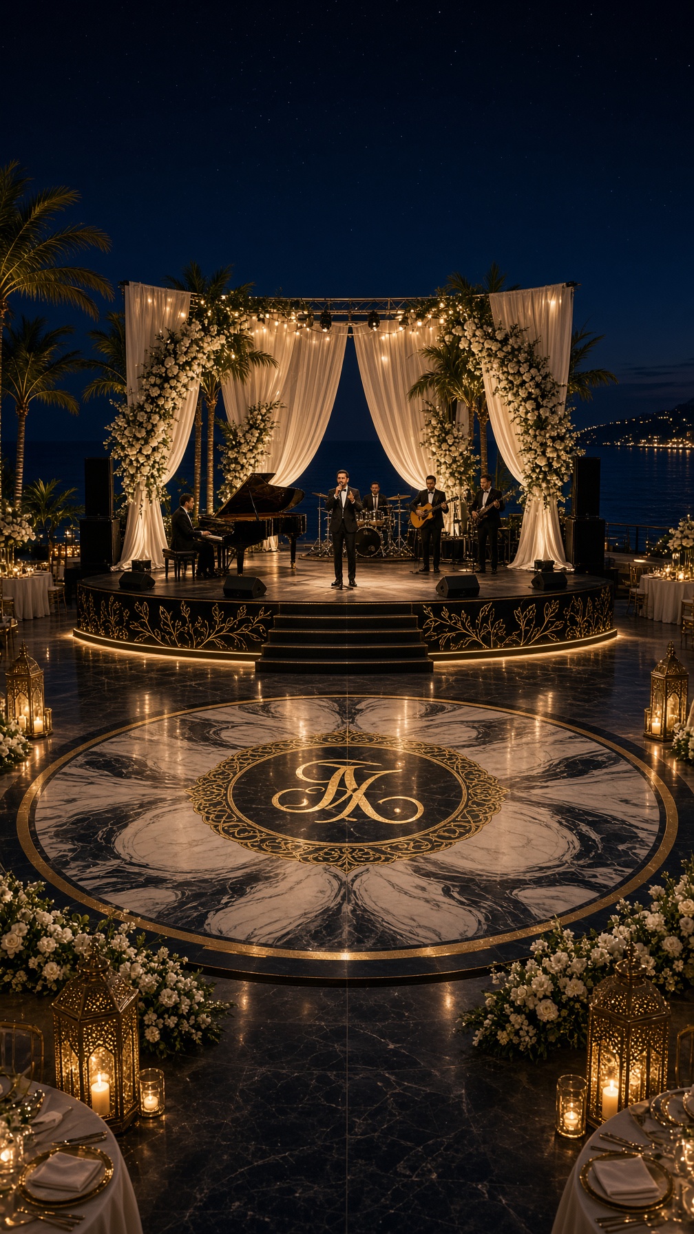 Professional band stage sound and lighting setup at a corporate event