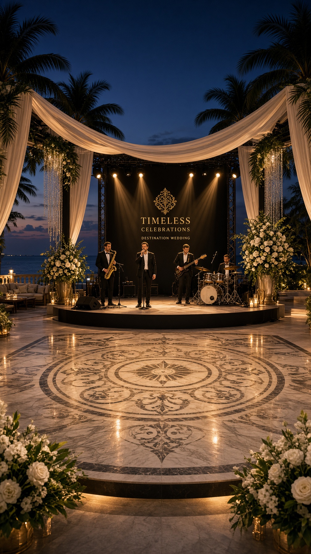 Professional band stage sound and lighting setup at a corporate event