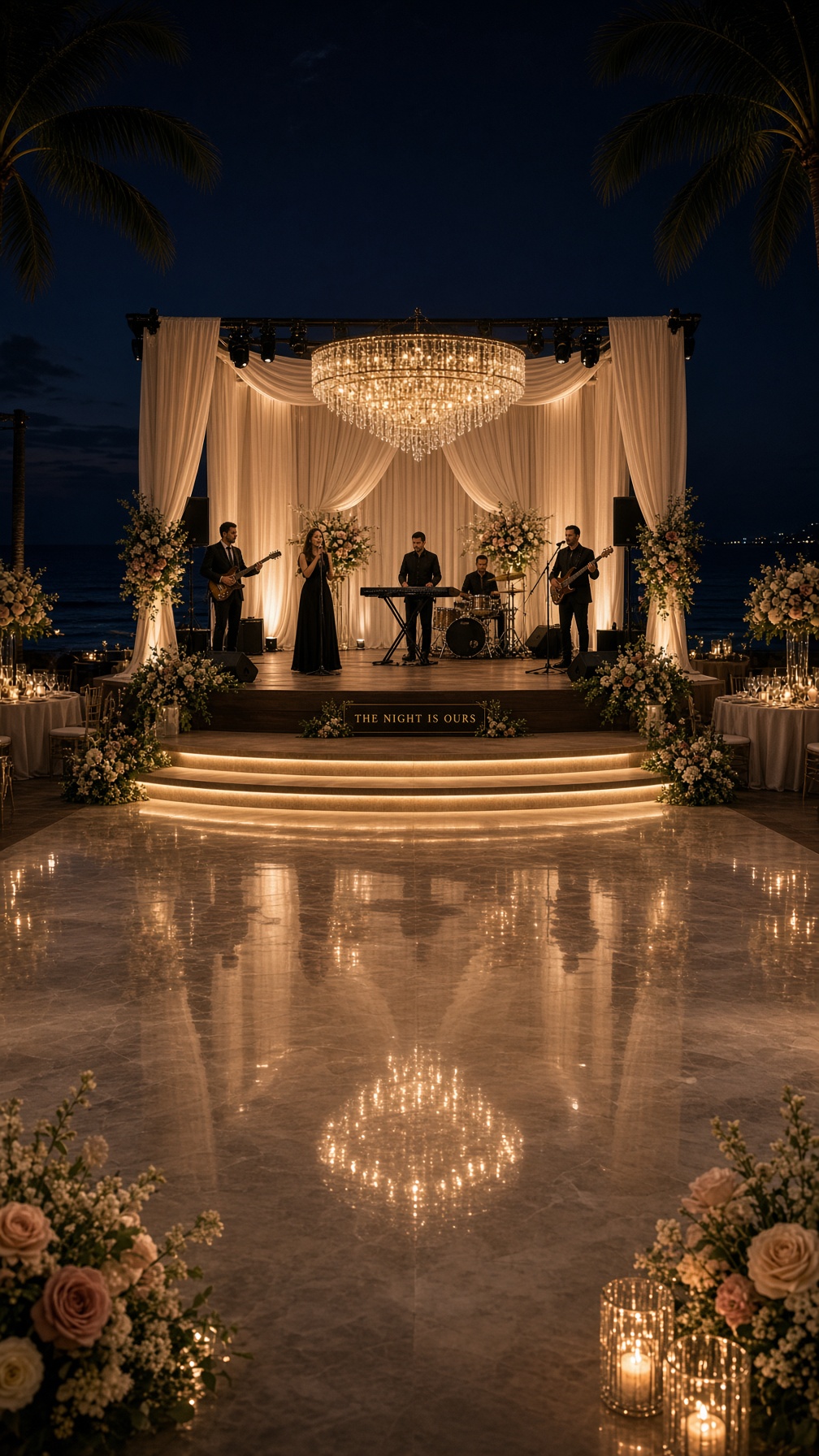 Professional band stage sound and lighting setup at a corporate event