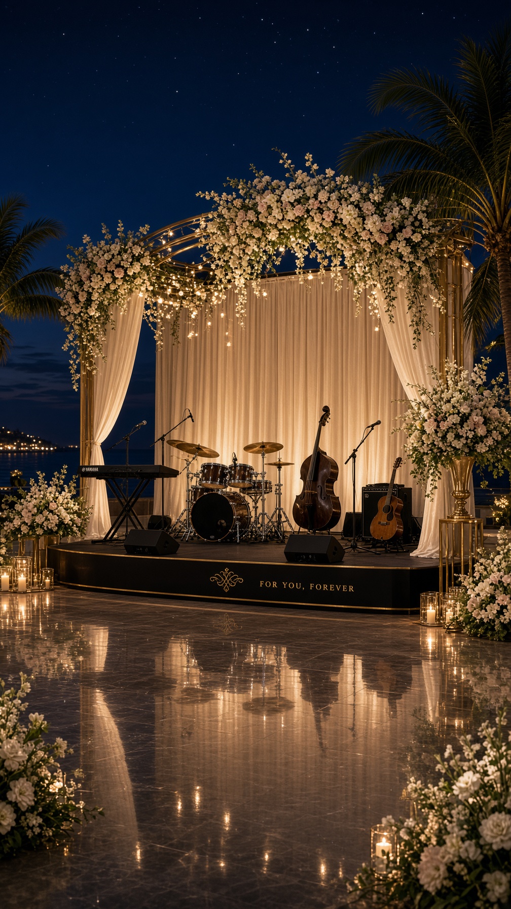 Professional band stage sound and lighting setup at a corporate event