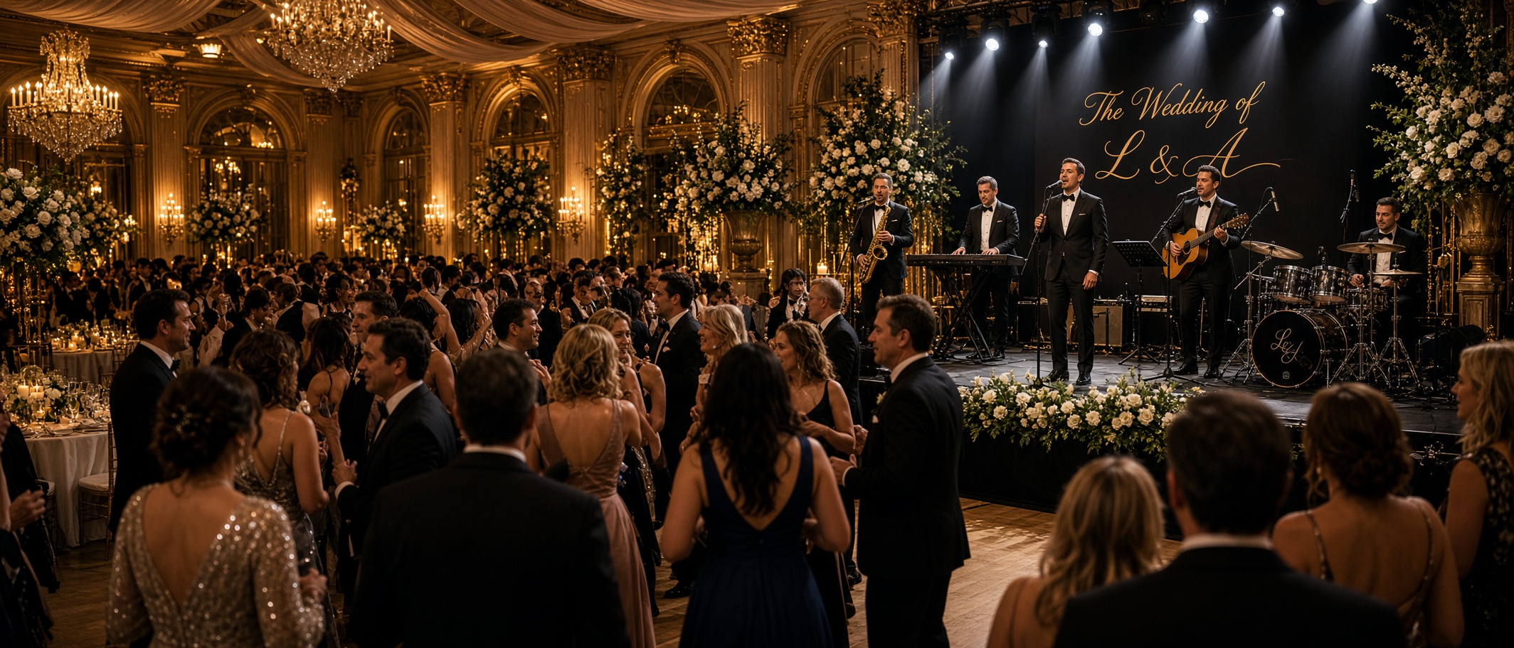 Live wedding reception band performing for a packed luxury dance floor
