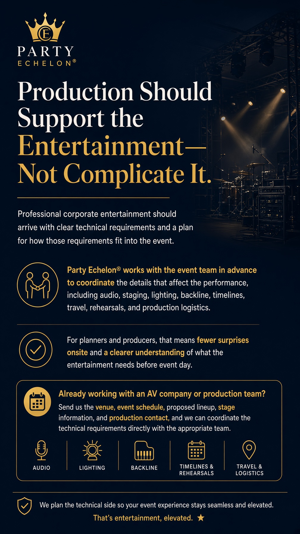 Professional band stage sound and lighting setup at a destination corporate event