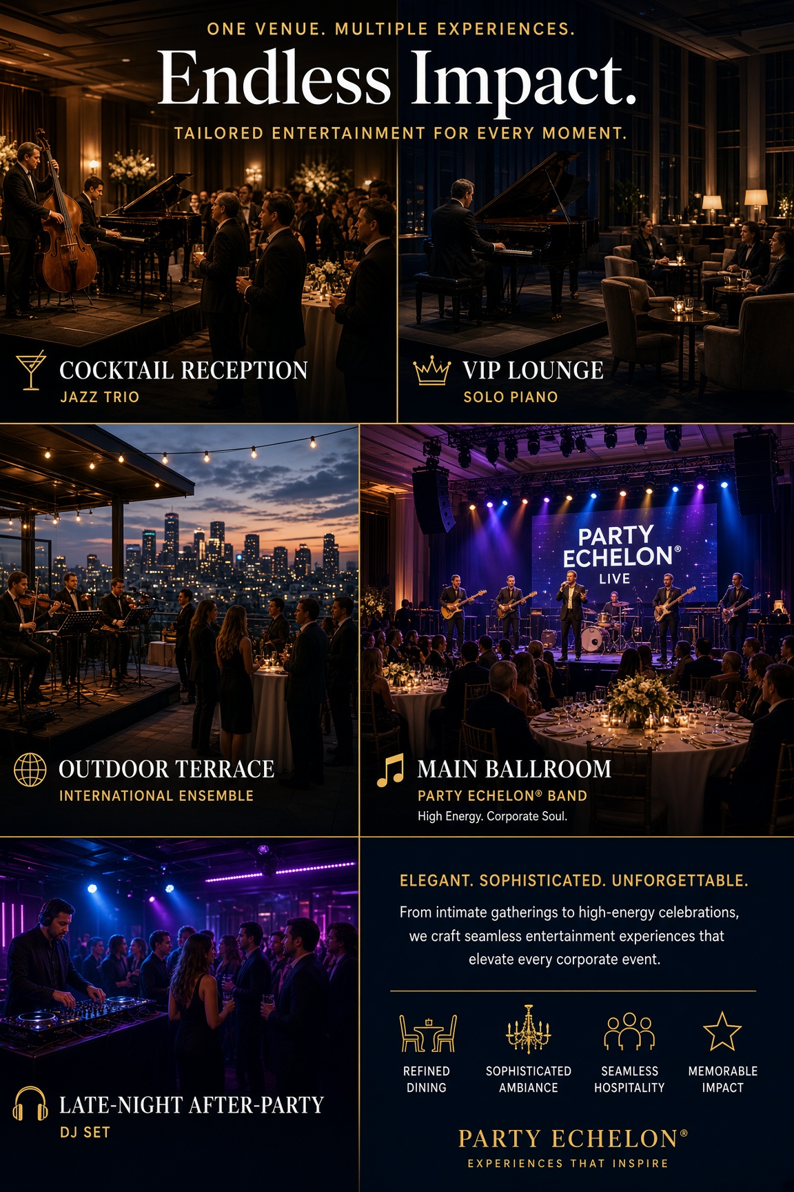 Multiple entertainment areas for a luxury corporate event