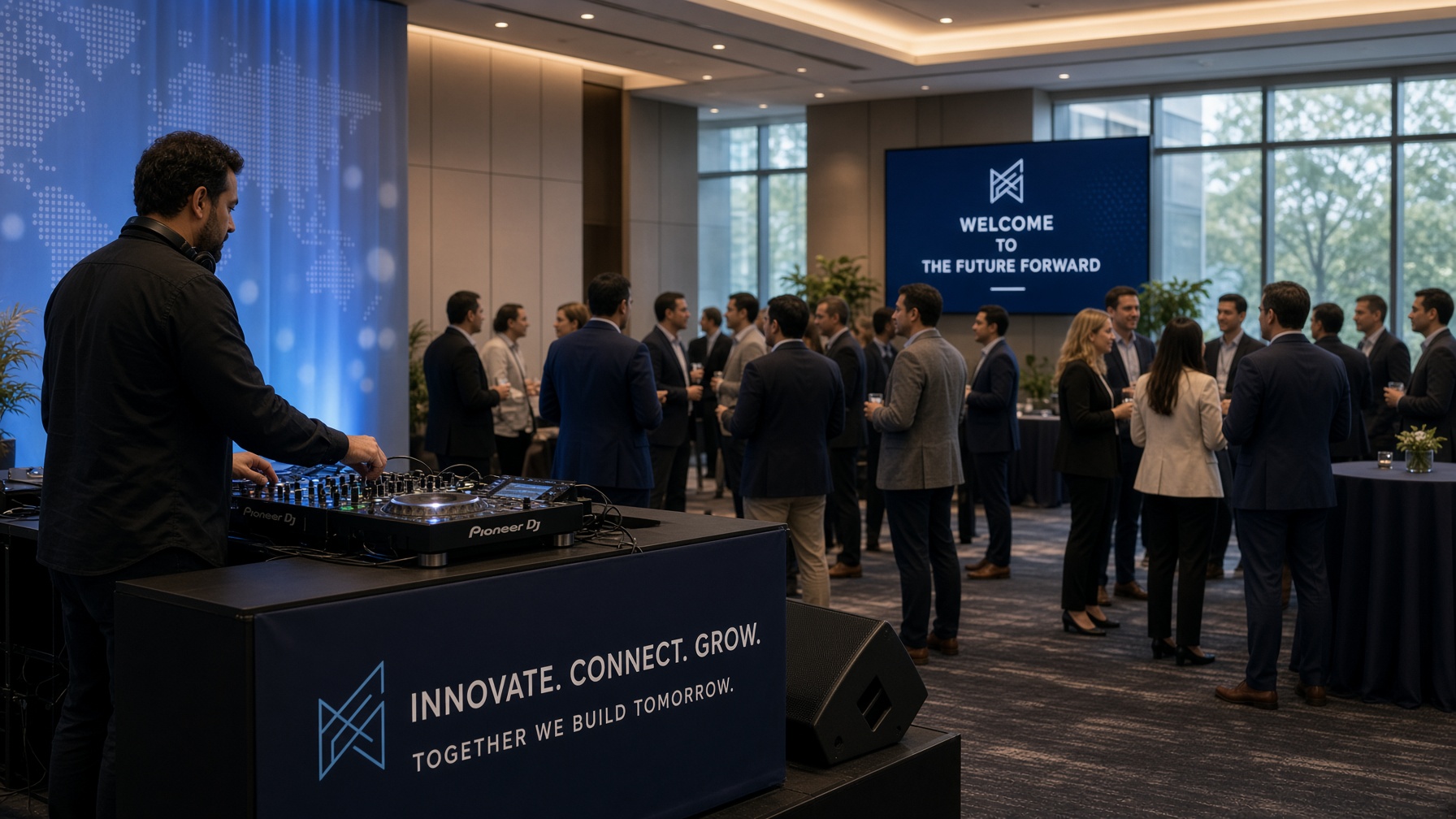 Corporate event networking reception with a DJ