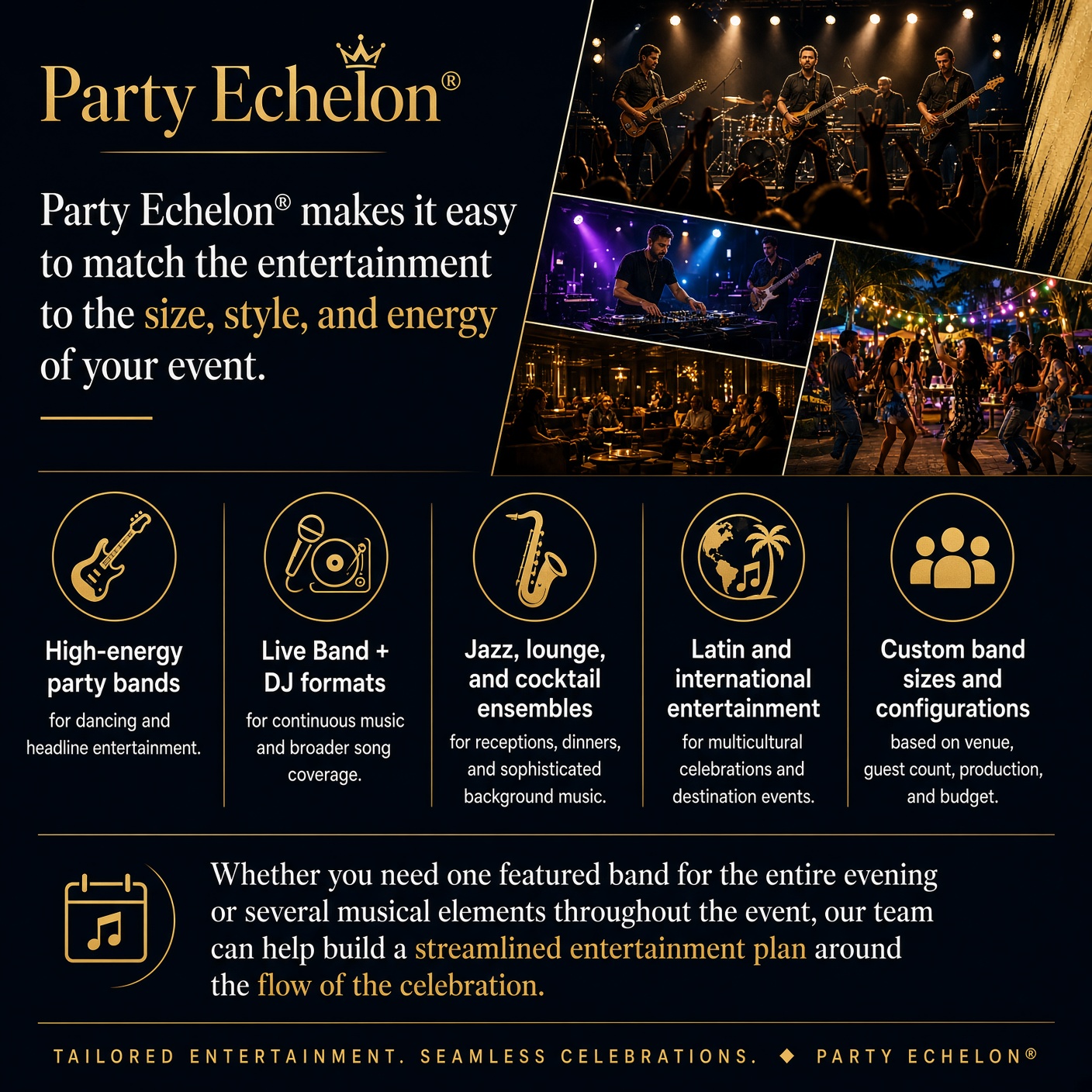 Party Echelon® party bands at a glance.