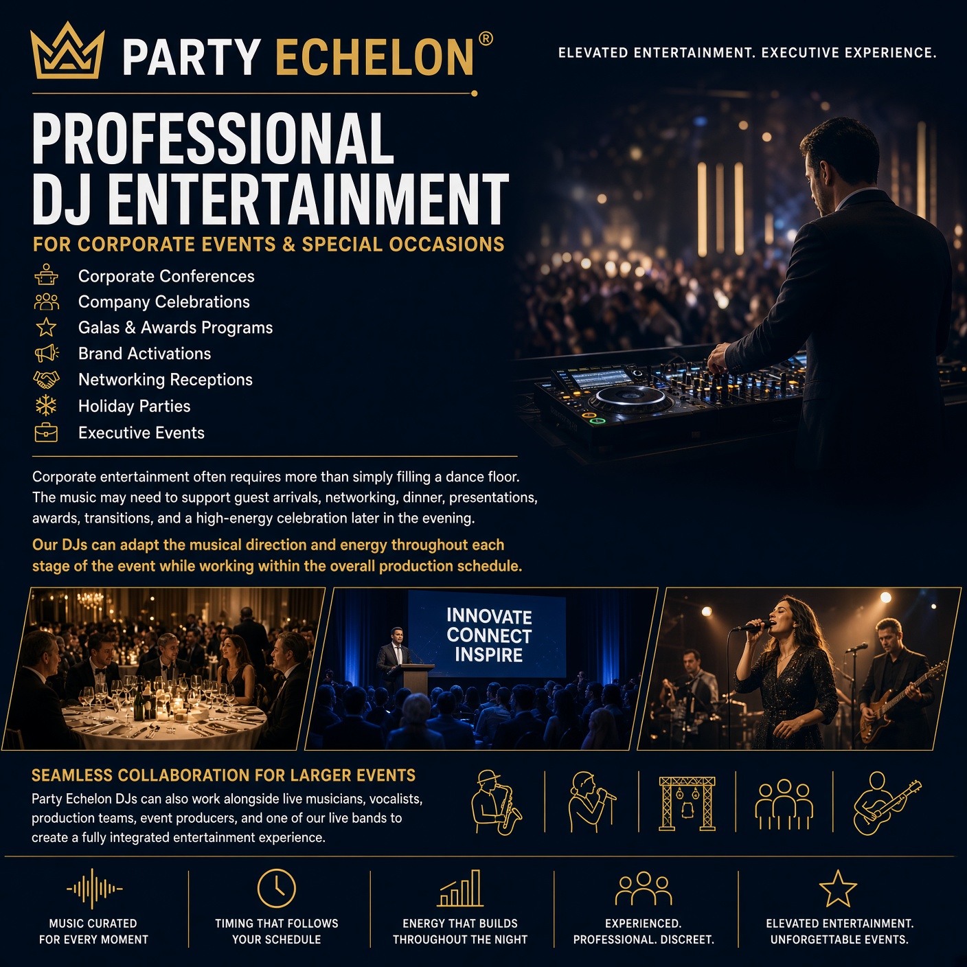 Corporate event DJ entertainment services.