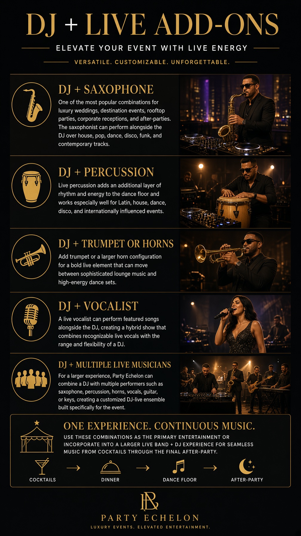 DJ + Live Musicians options for parties and events.