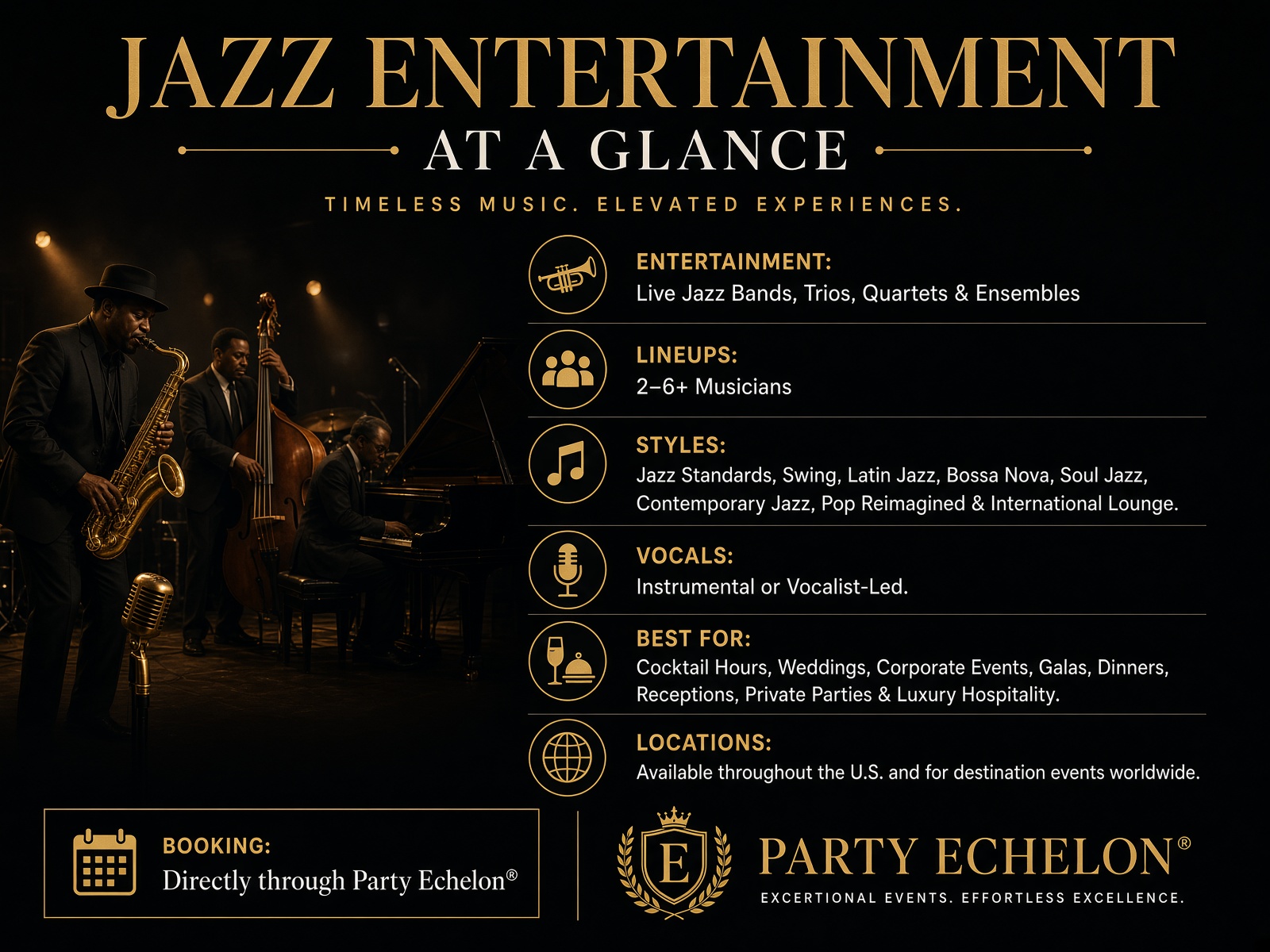 Party Echelon® jazz bands at a glance.