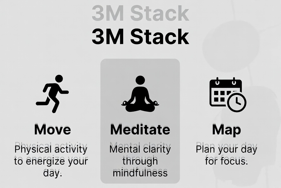 Infographic showing the 3M Stack: Move (5–20 minutes) → Meditate (3–10 minutes) → Map (5–10 minutes) with time-budget variations for 30, 60, and 90 minutes.