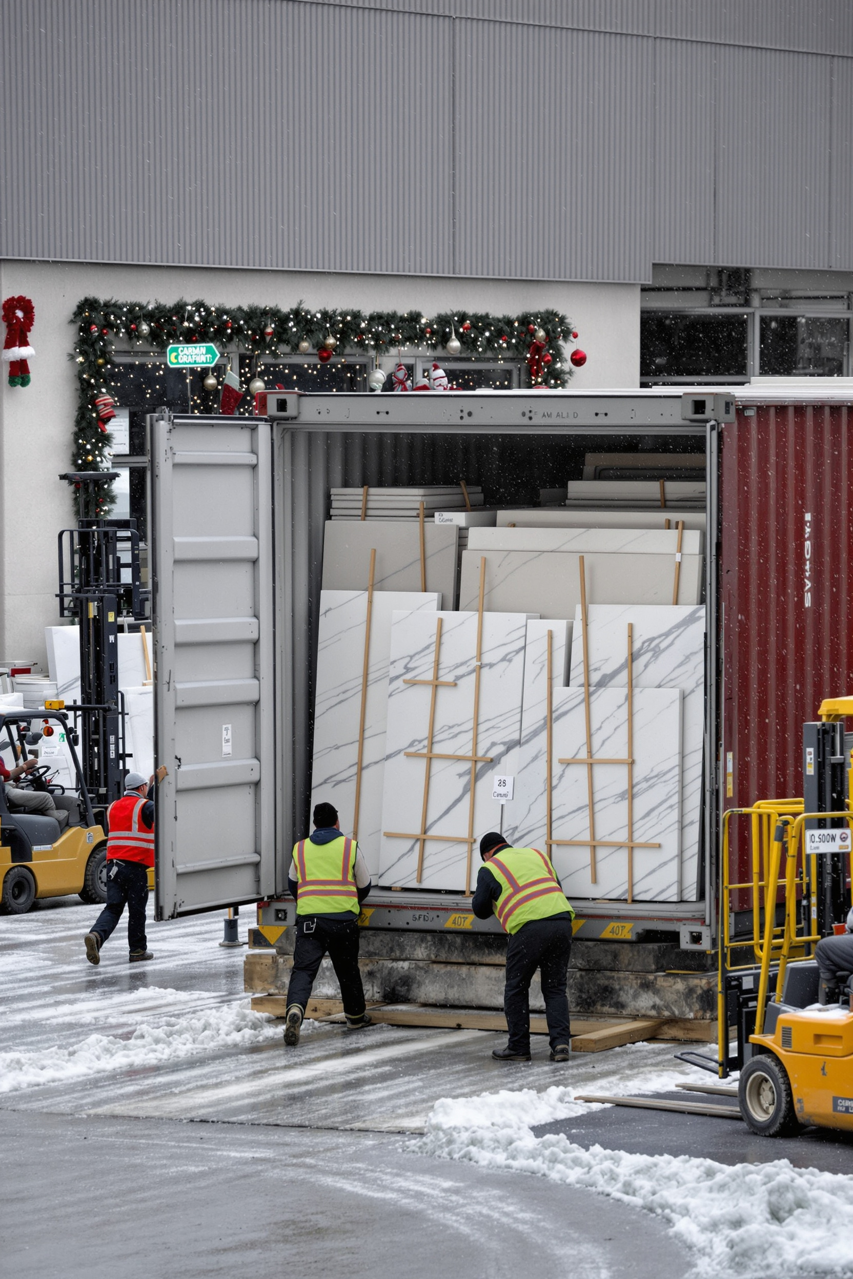 Stone warehouse receiving area with a shipping container of countertop-grade slab bundles arriving during the holiday rush.