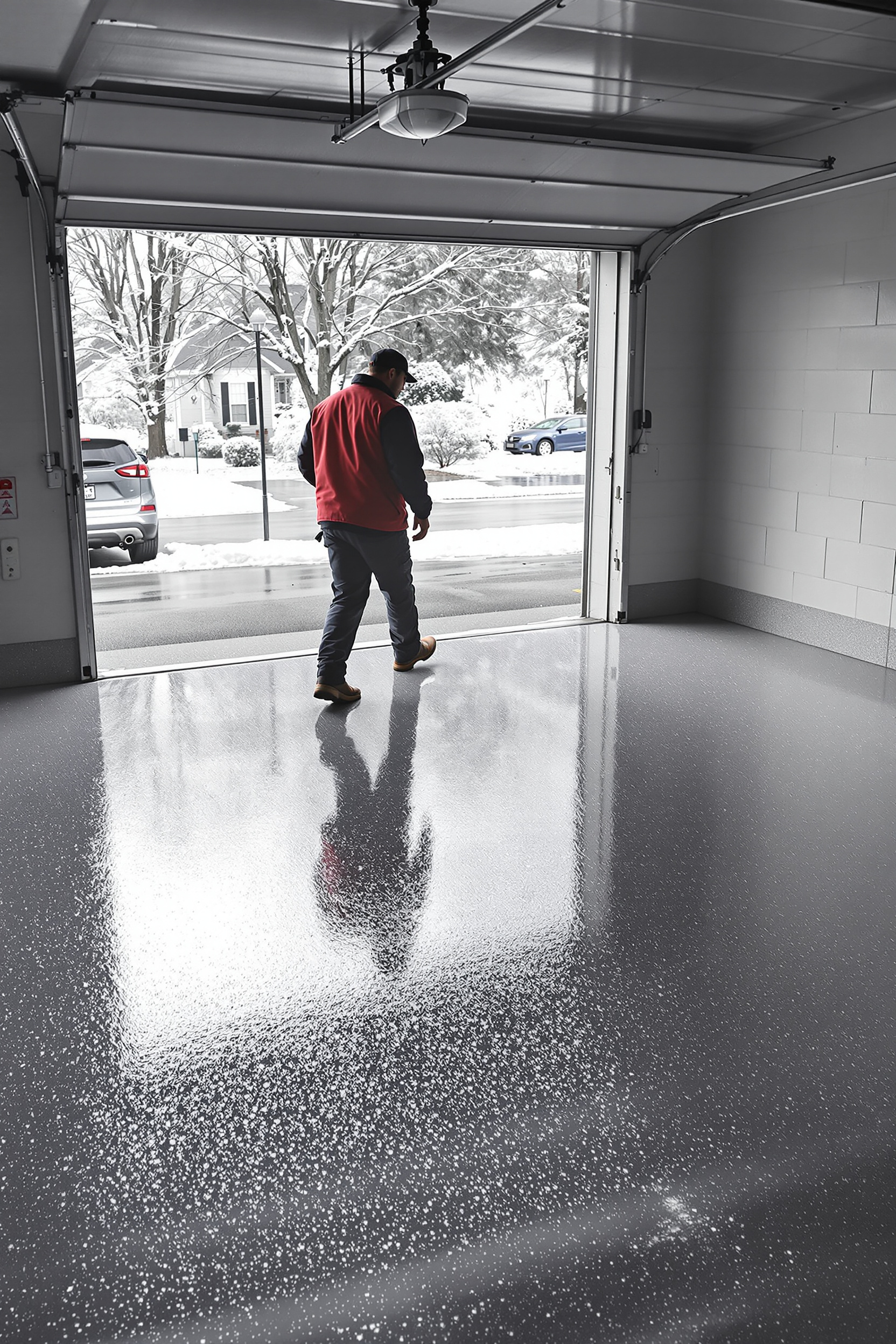 “Winter-ready polyaspartic garage floor curing quickly while frost is visible outside.” “Winter-ready polyaspartic garage floor curing quickly while frost is visible outside.”