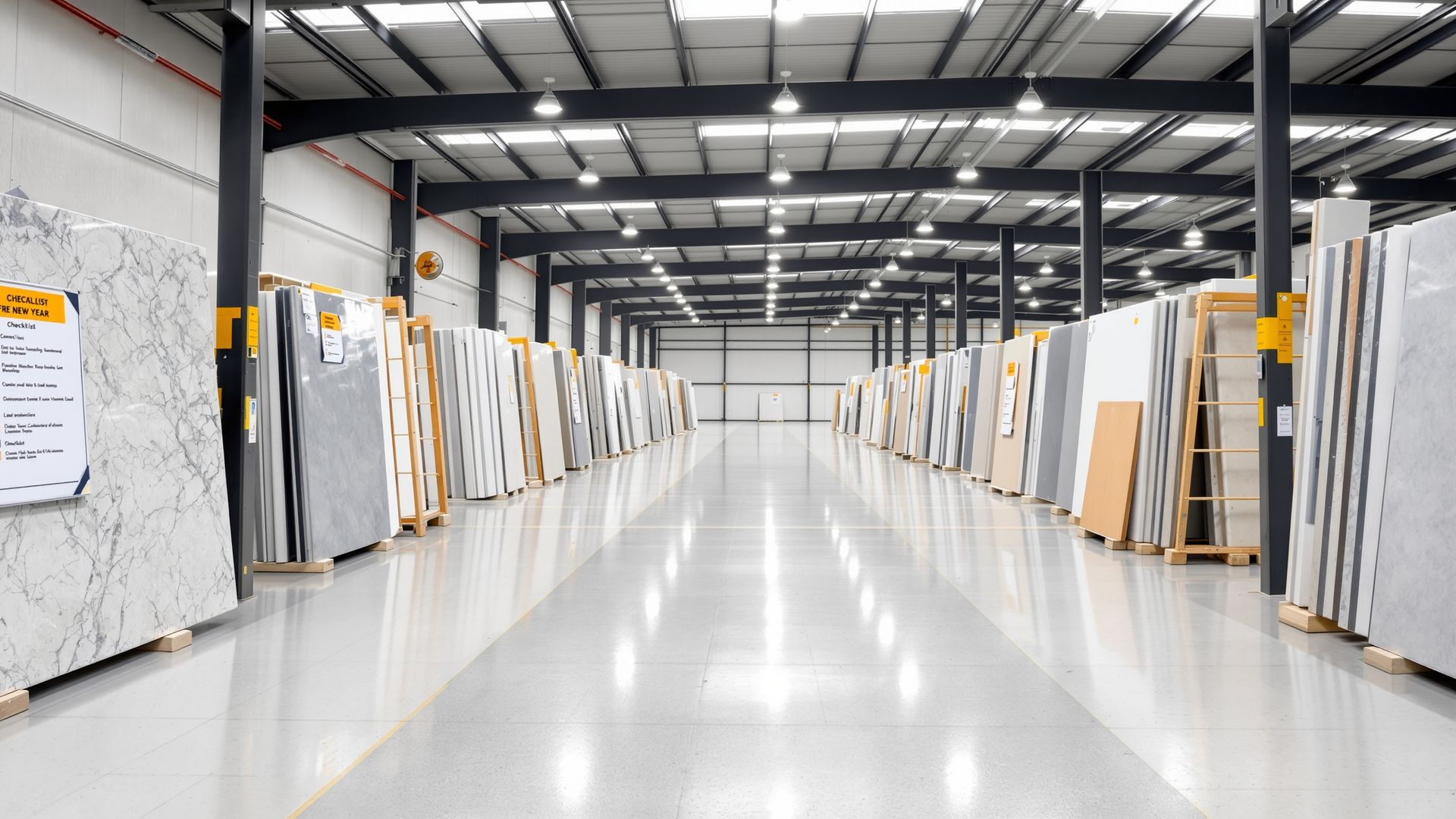 Organized warehouse with safely aligned countertop slabs and updated equipment representing a 2026 prevention-focused environment.