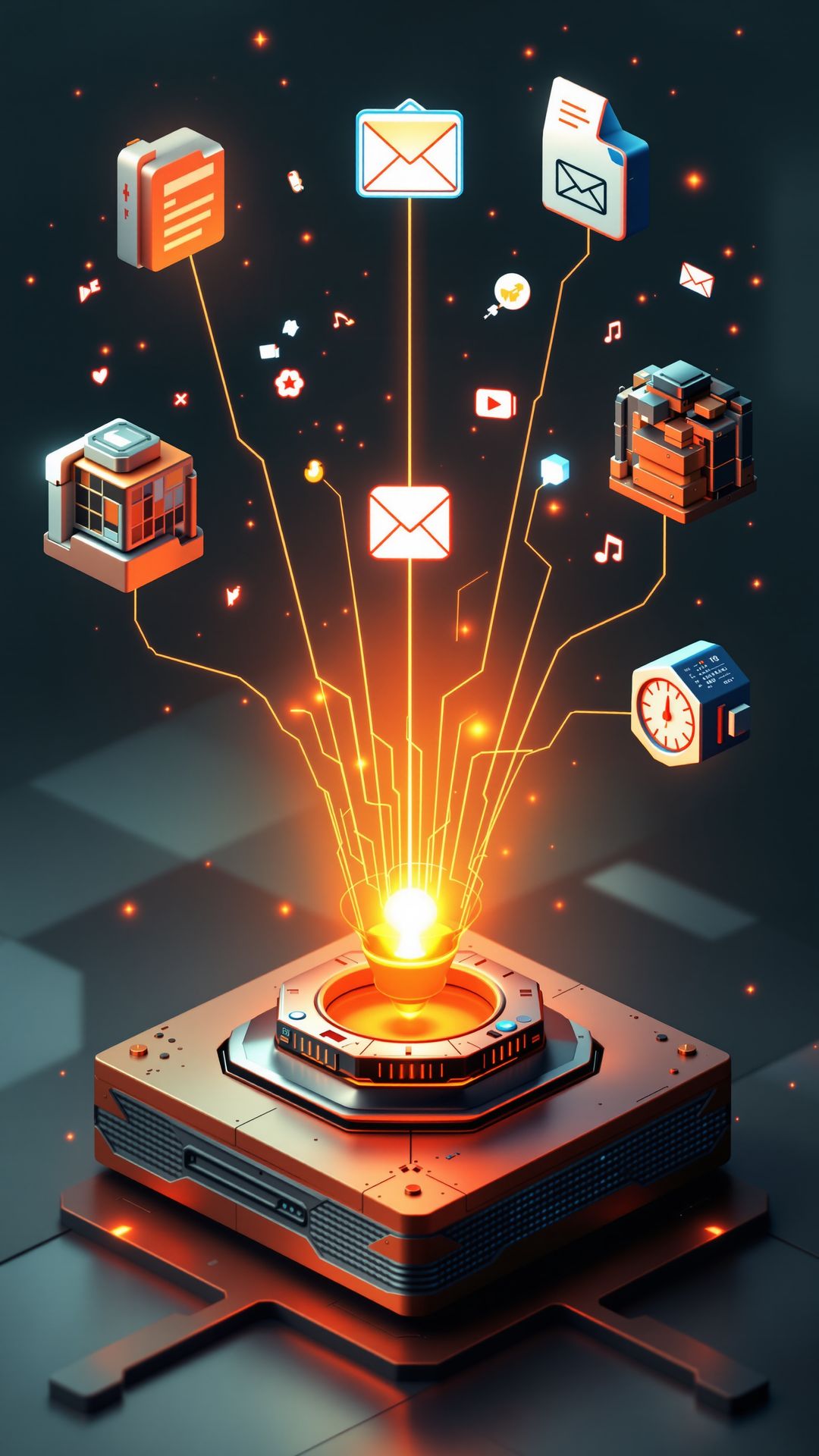 Floating marketing icons being drawn into a single glowing SmartHub core, representing all marketing pieces unifying into one system. Floating marketing icons being drawn into a single glowing SmartHub core, representing all marketing pieces unifying into one system.