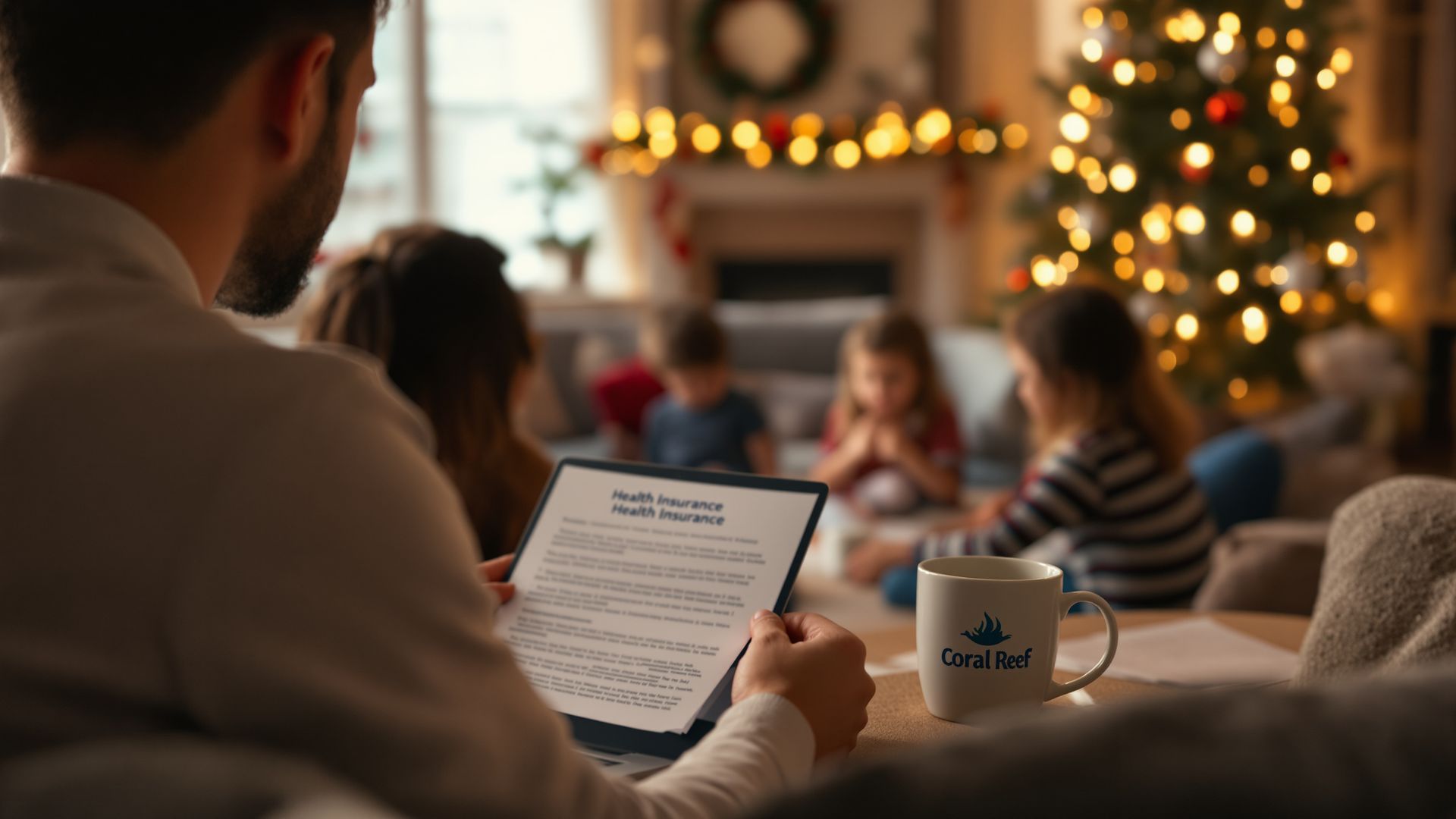 Parents viewed from behind reviewing insurance paperwork in a cozy holiday living room while children play nearby. Parents viewed from behind reviewing insurance paperwork in a cozy holiday living room while children play nearby.