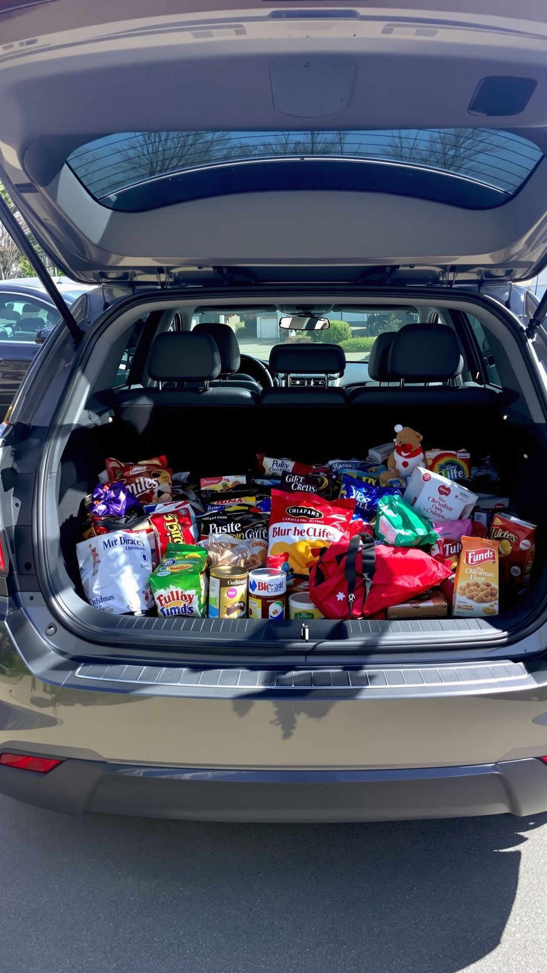 Car trunk loaded with bulk holiday candy, snacks, and gifts.