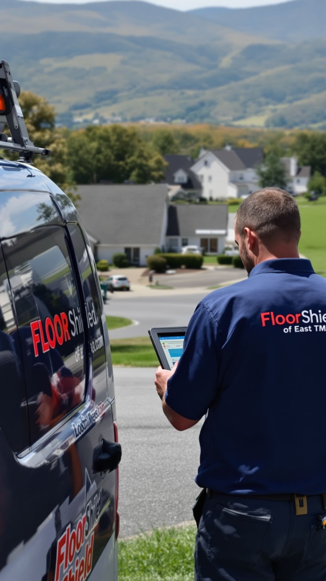 “Floor Shield technician reviewing a schedule in a Tri-Cities neighborhood.”