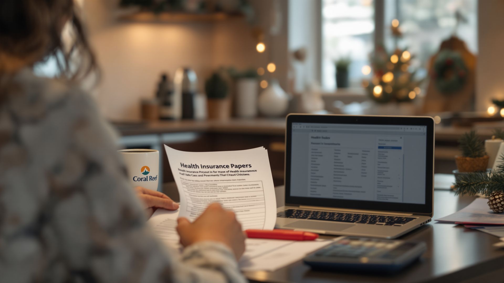 Woman viewed from behind reviewing health insurance papers at a kitchen counter. Woman viewed from behind reviewing health insurance papers at a kitchen counter.