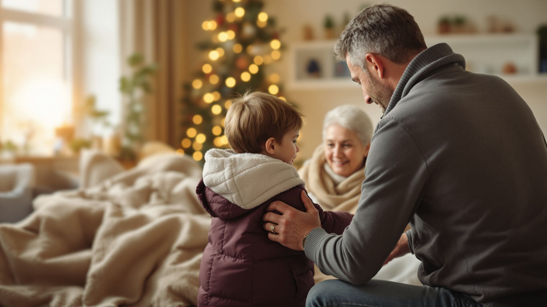 Parent helping child while an older family member rests nearby, showing multigenerational care needs. Parent helping child while an older family member rests nearby, showing multigenerational care needs.