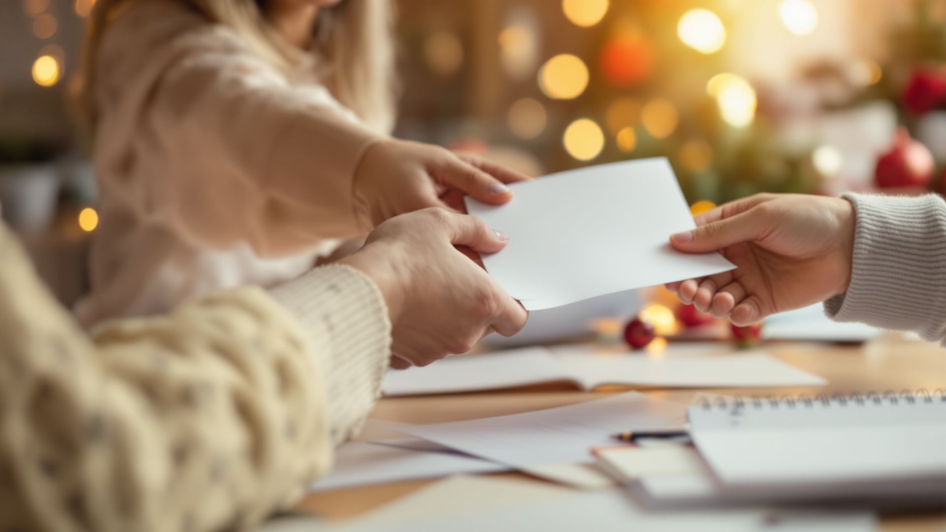 Woman seen from behind handing paperwork across a table during a meeting. Woman seen from behind handing paperwork across a table during a meeting.
