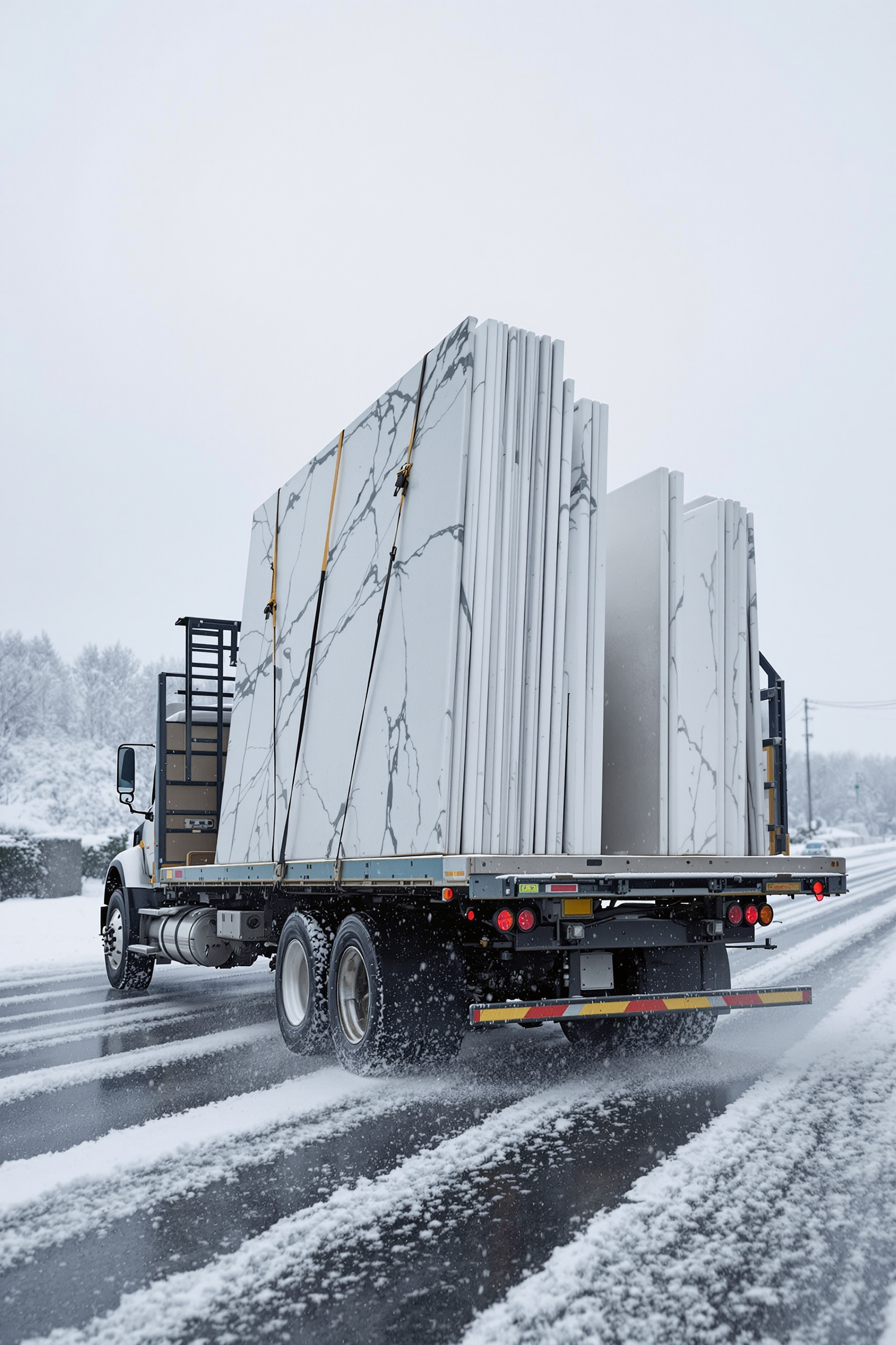 Flatbed truck carrying upright kitchen countertop–style slabs on a wet, slushy winter road with visible tire spray and cold air haze. Flatbed truck carrying upright kitchen countertop–style slabs on a wet, slushy winter road with visible tire spray and cold air haze.