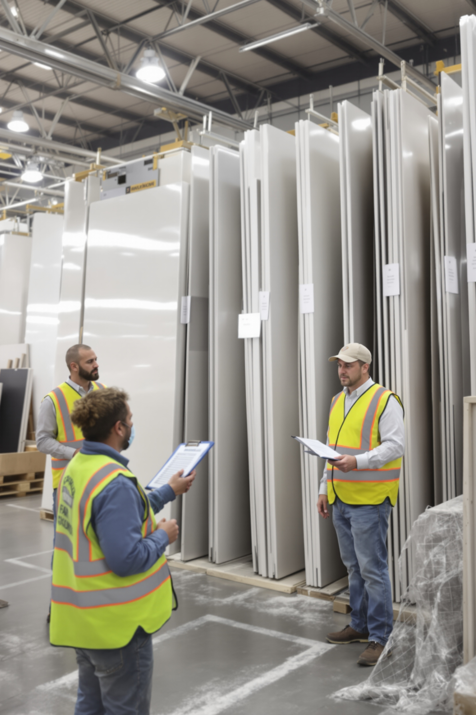 Stone warehouse team reviewing a year-end slab safety checklist with countertop-grade slabs in the background.