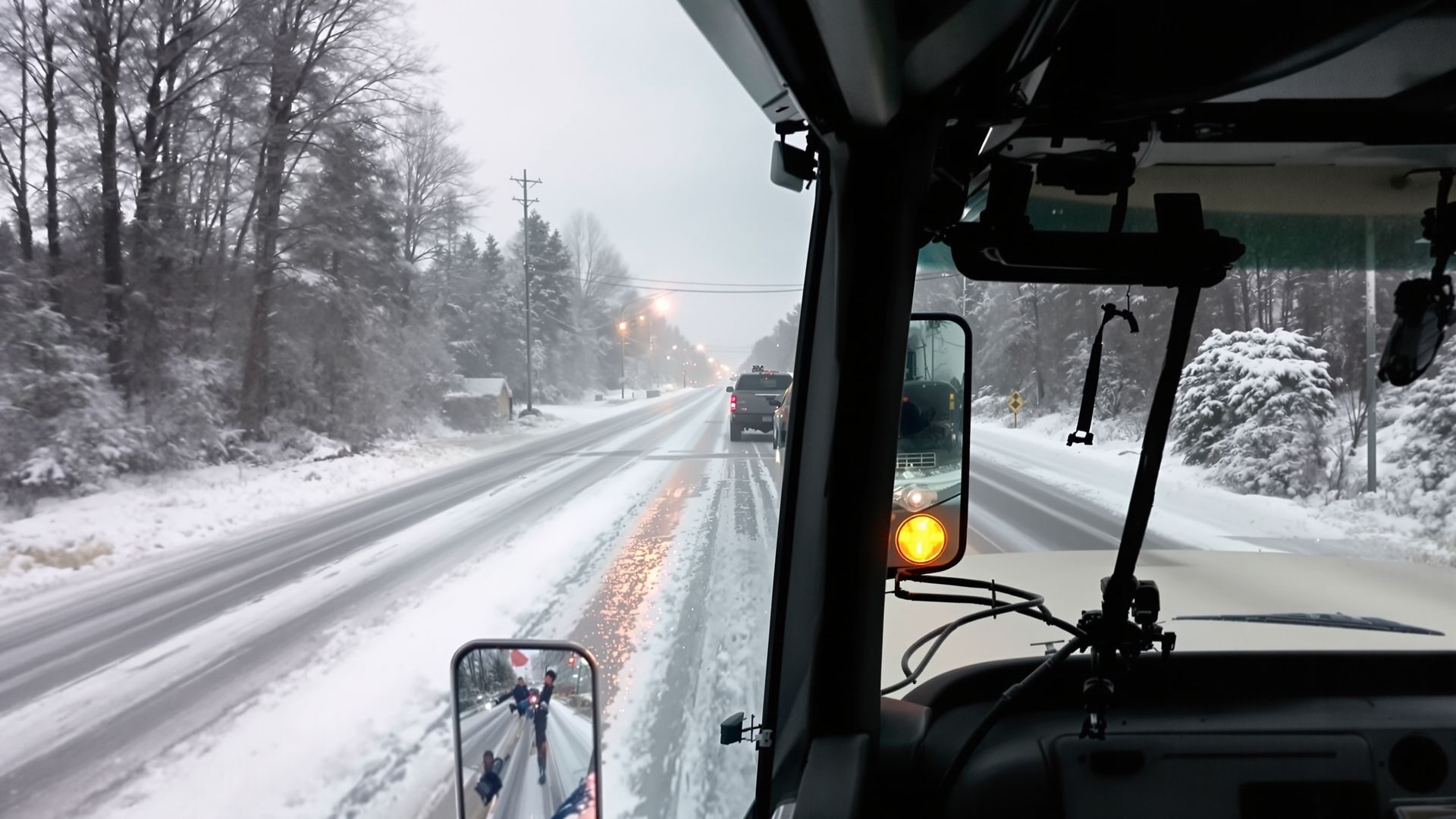 Truck cab interior approaching an icy intersection with countertop slabs visible in the side mirror, illustrating winter stopping and sway risks. Truck cab interior approaching an icy intersection with countertop slabs visible in the side mirror, illustrating winter stopping and sway risks.