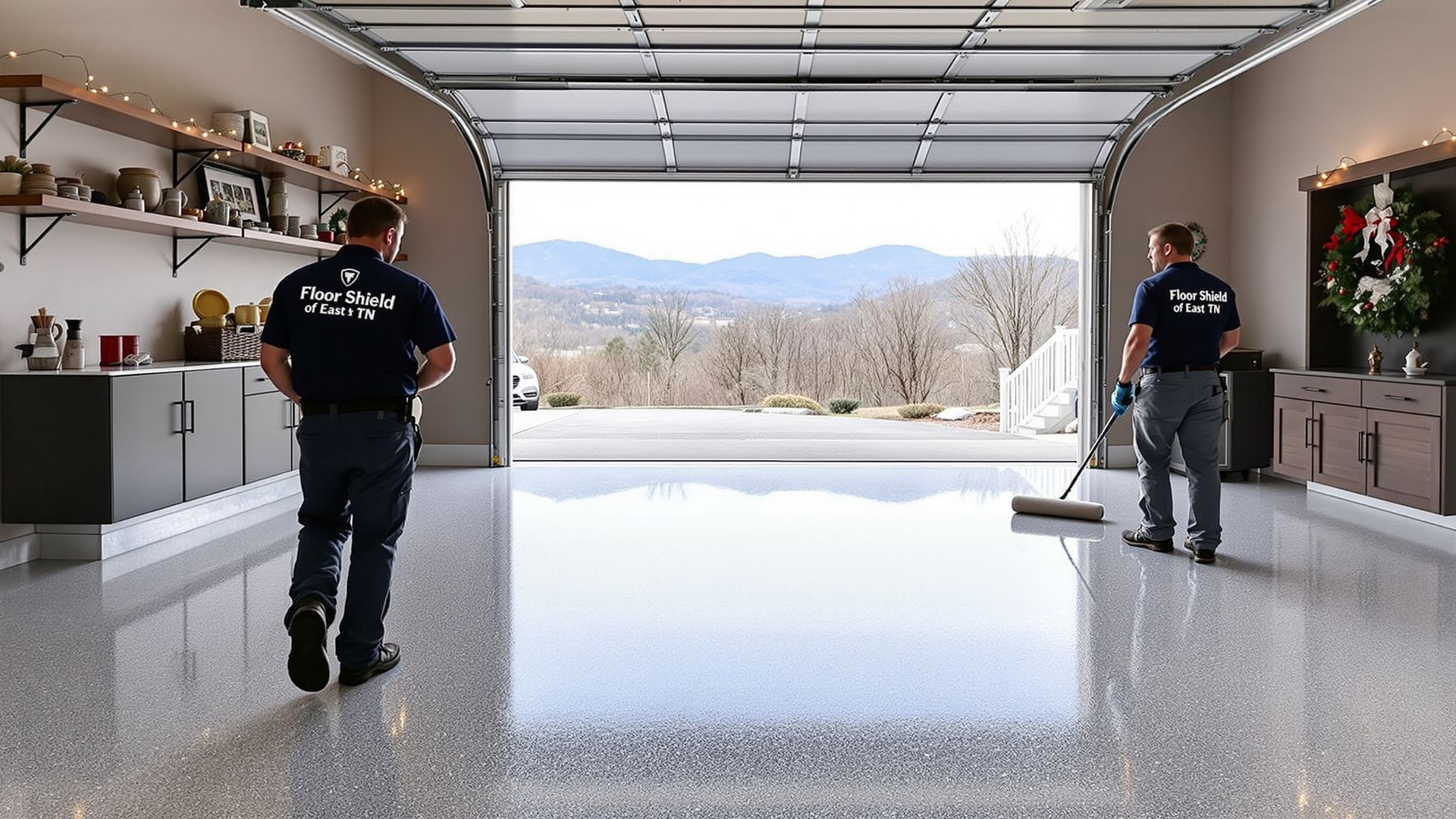 “Freshly coated polyaspartic garage floor with holiday decorations and a Floor Shield of East TN technician standing in the doorway.” “Freshly coated polyaspartic garage floor with holiday decorations and a Floor Shield of East TN technician standing in the doorway.”