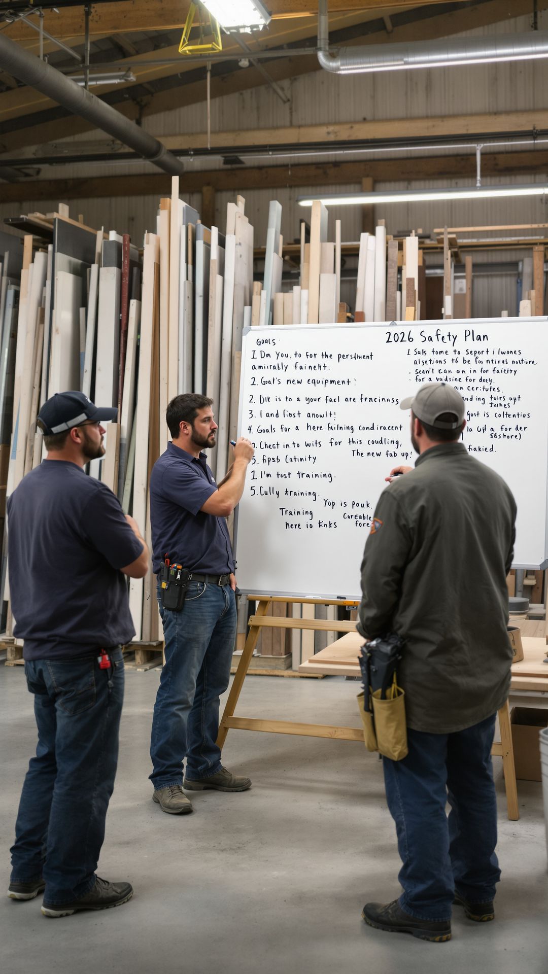 Shop meeting reviewing a 2026 safety plan with improved slab handling and equipment goals.