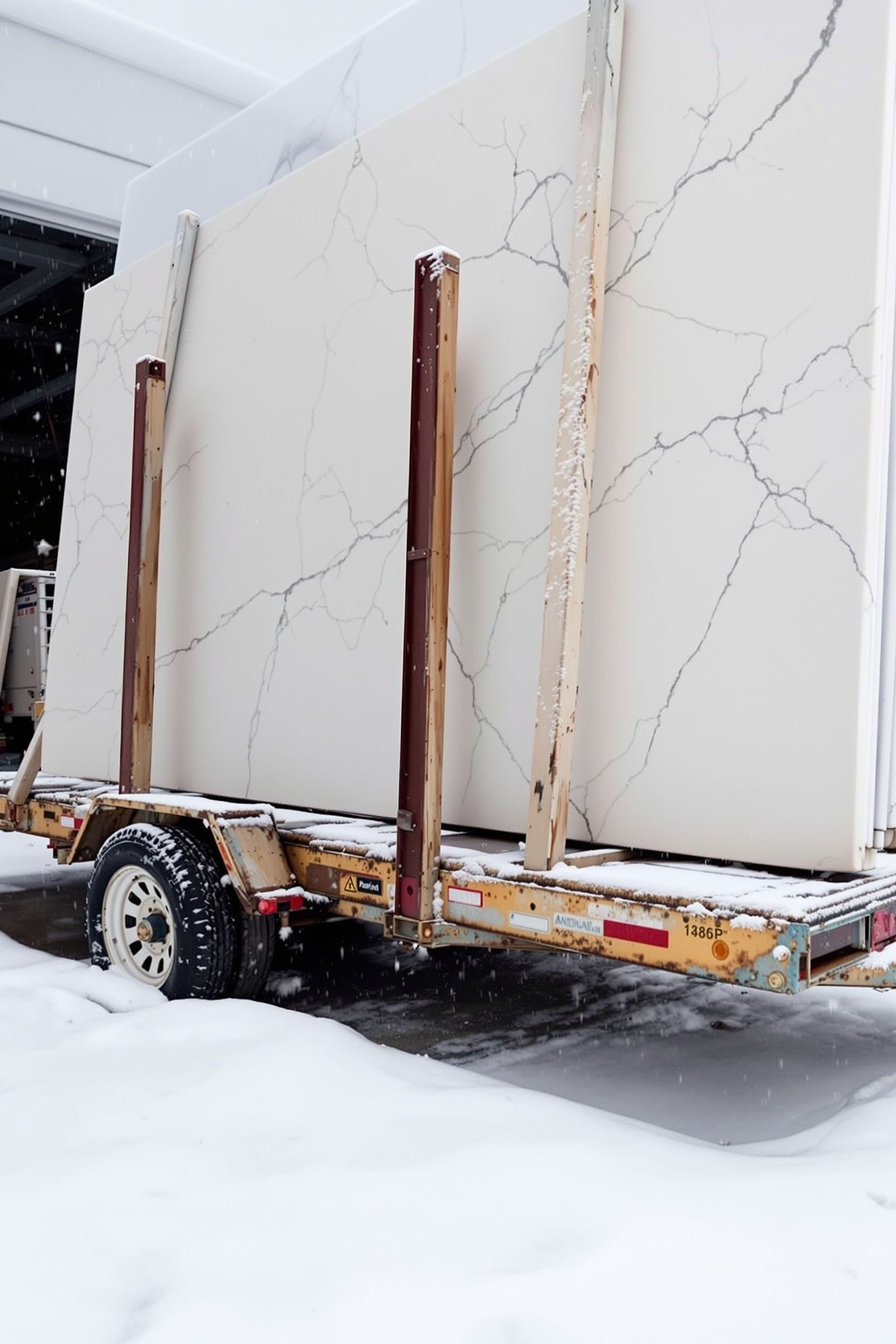 Trailer-mounted A-frame holding multiple countertop-style slabs in cold weather, showing signs of aging such as rust and dry wood with light snow dusting. Trailer-mounted A-frame holding multiple countertop-style slabs in cold weather, showing signs of aging such as rust and dry wood with light snow dusting.