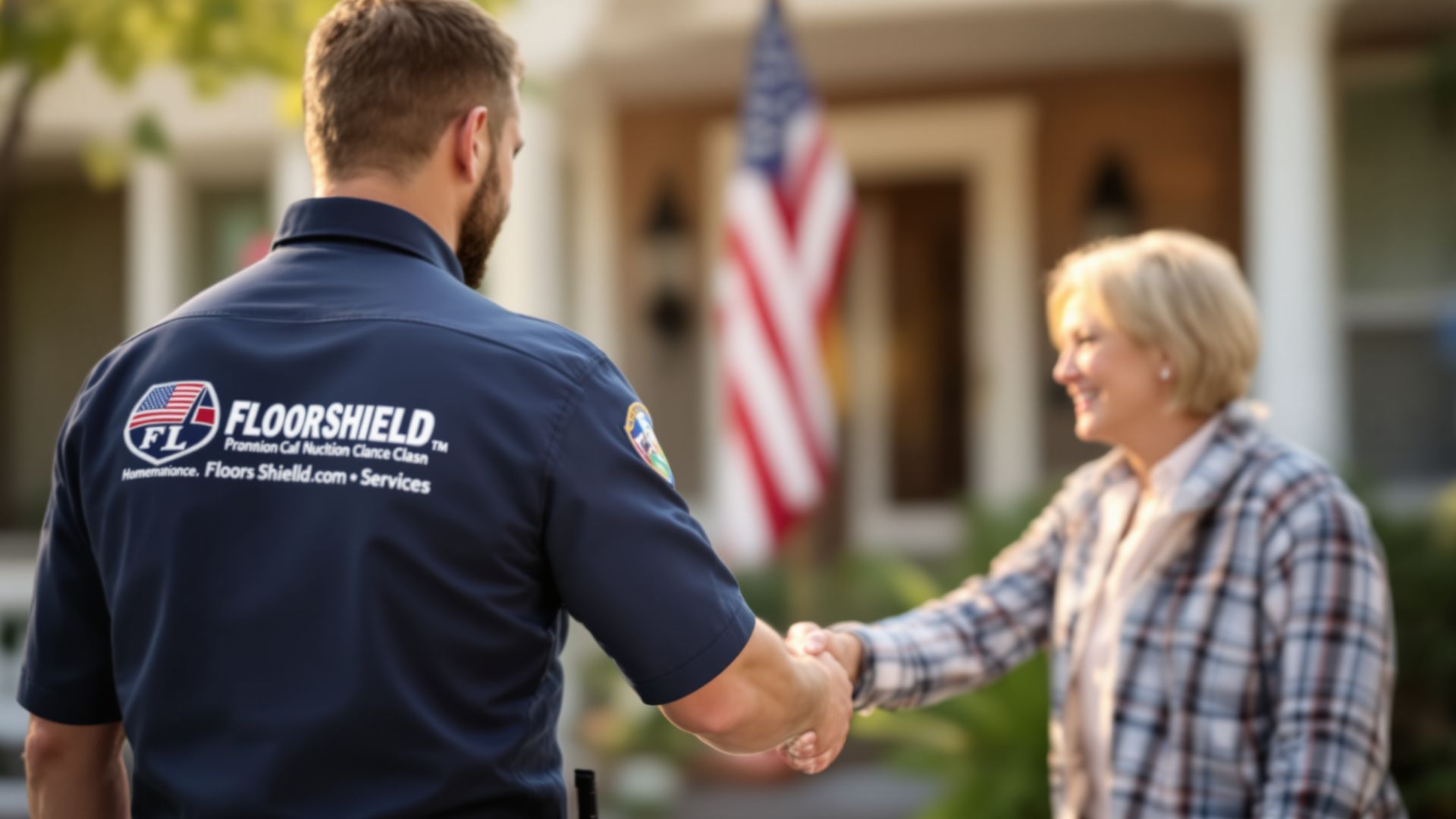 “Floor Shield technician shaking hands with a homeowner after completing a garage floor installation.”