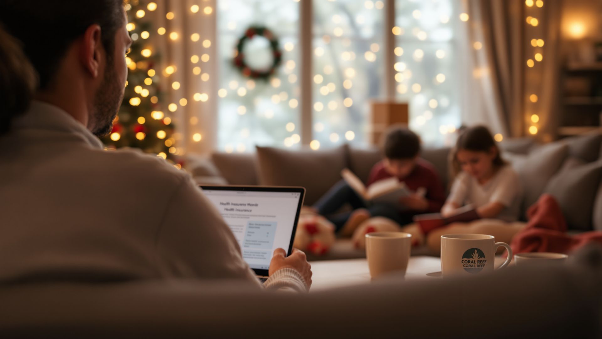 Parents viewed from behind reviewing insurance paperwork in a cozy holiday living room while children play nearby. Parents viewed from behind reviewing insurance paperwork in a cozy holiday living room while children play nearby.