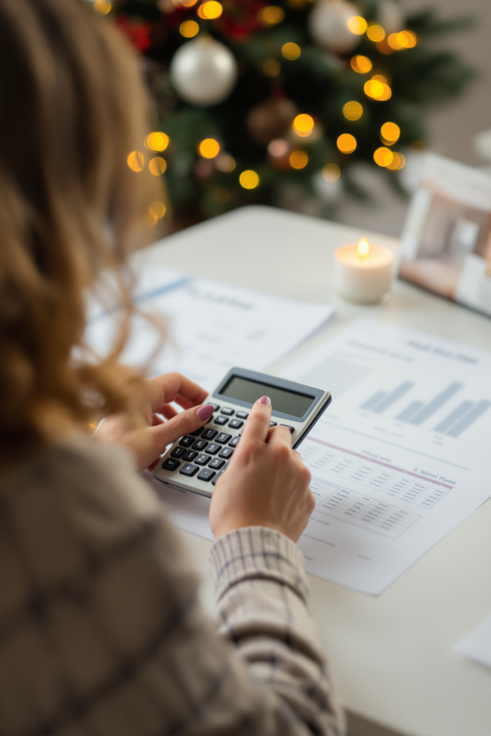 Woman calculating costs using a calculator and health plan summaries. Woman calculating costs using a calculator and health plan summaries.