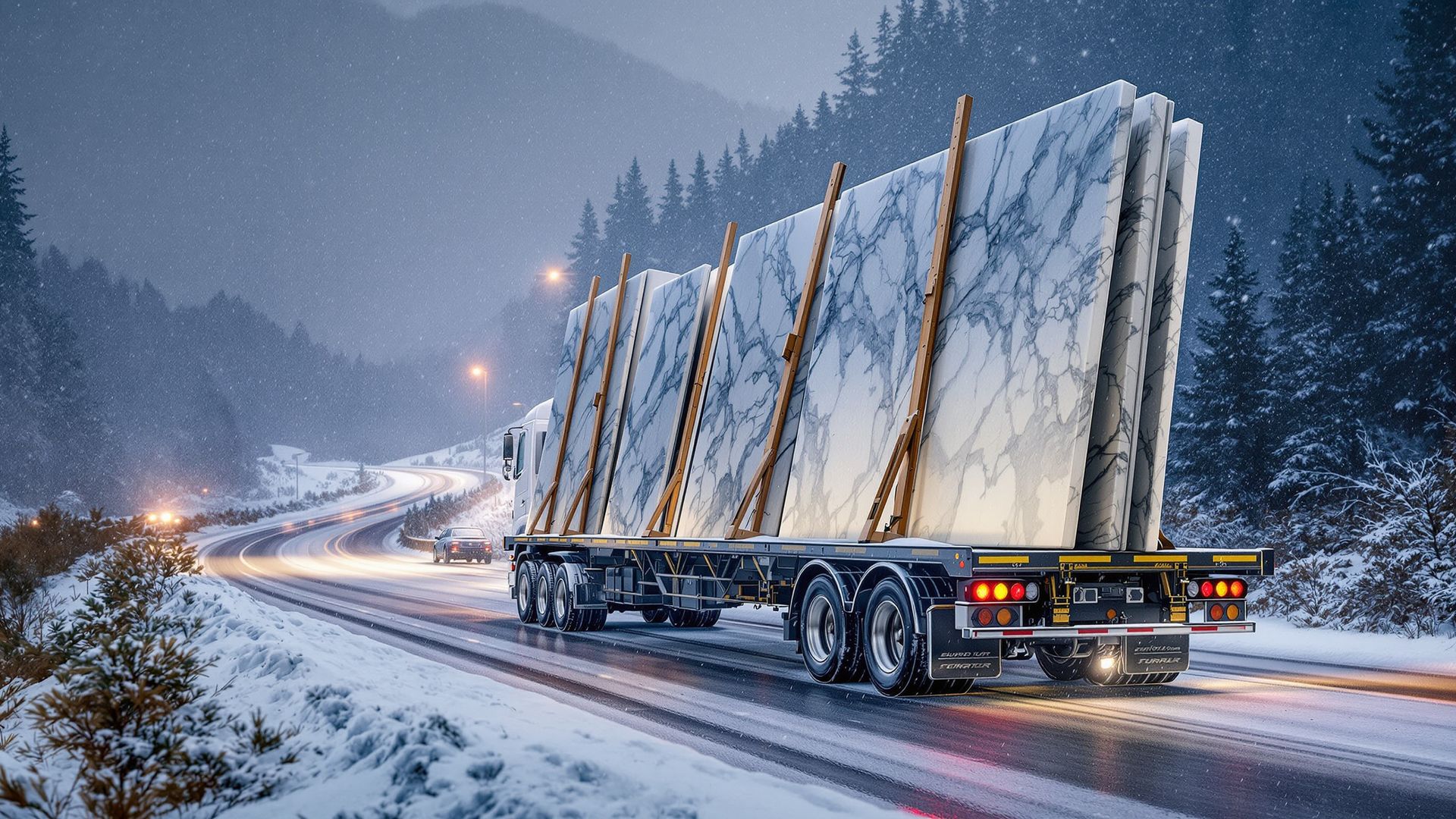 A truck hauling kitchen countertop–grade stone slabs on a cold winter road with snow along the edges, highlighting transport safety conditions. A truck hauling kitchen countertop–grade stone slabs on a cold winter road with snow along the edges, highlighting transport safety conditions.