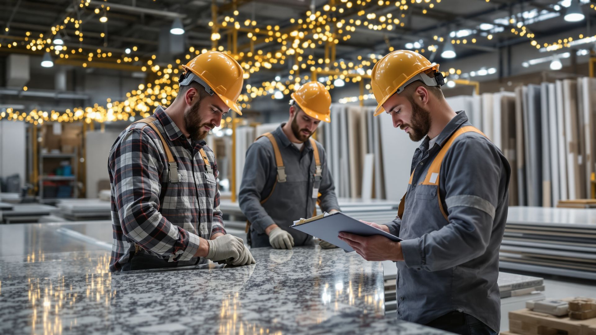 Warehouse crew performing a 2026 year-end slab safety audit, inspecting countertop-grade slabs and equipment before holiday shutdown.