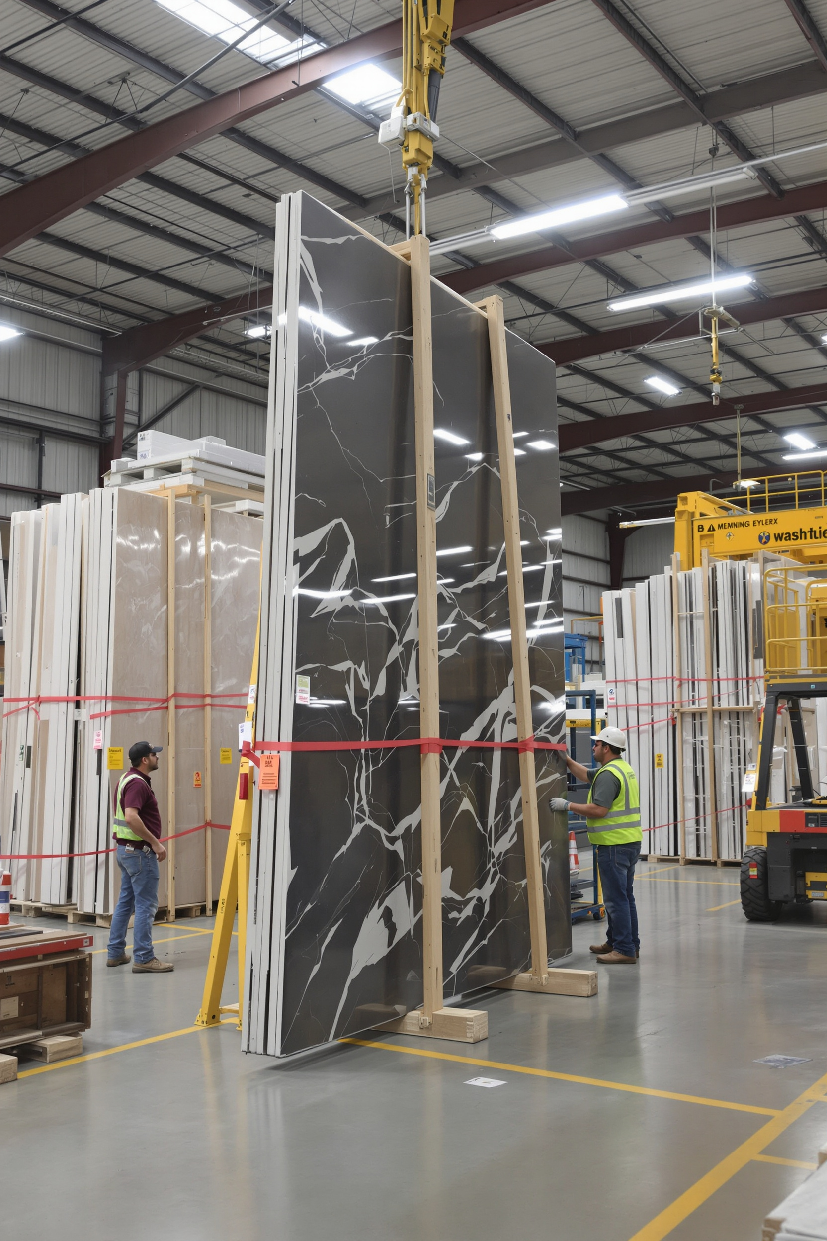 Countertop-grade slab bundle leaning slightly after container support removal, showing how small shifts can trigger chain-reaction instability.