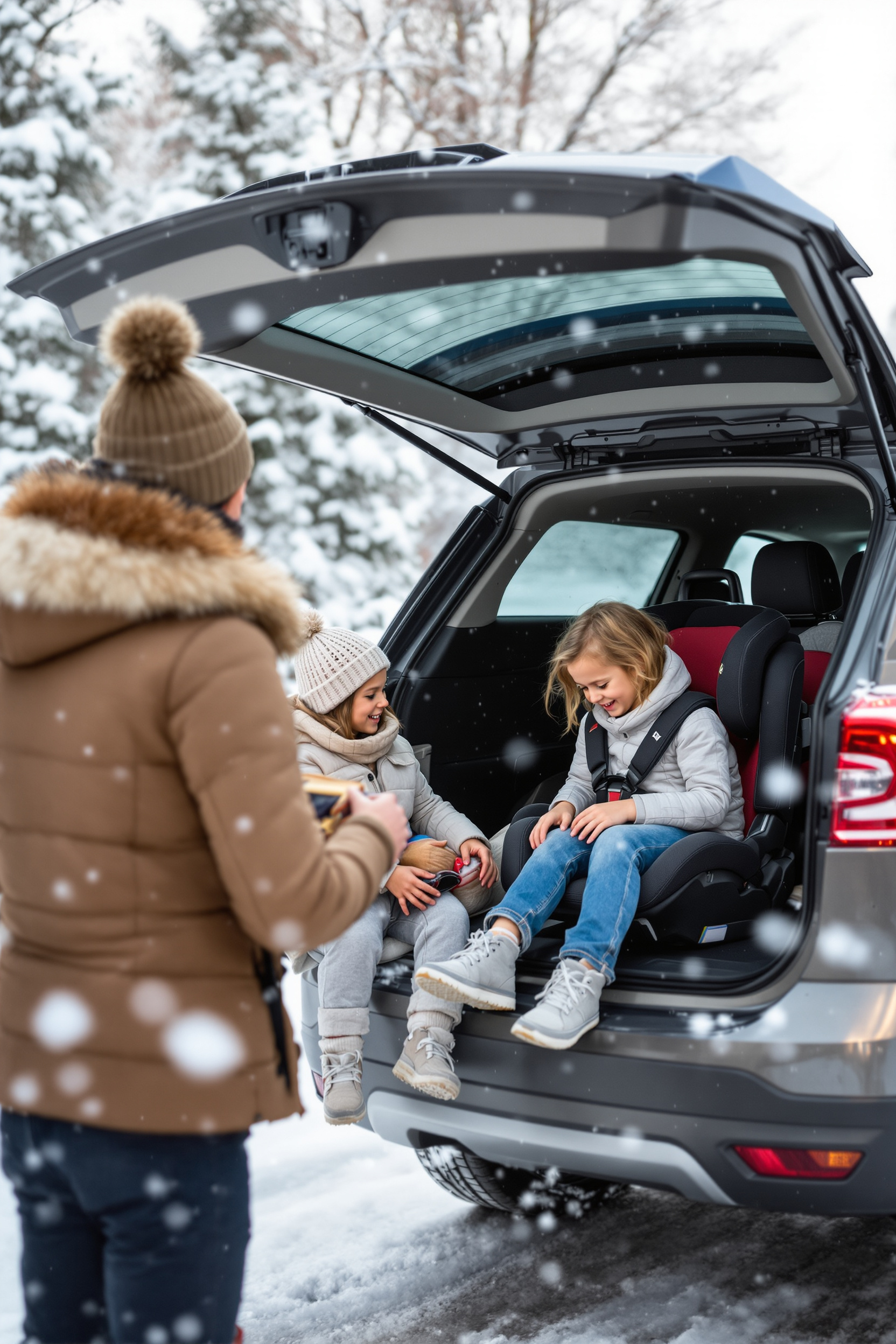 Family preparing for holiday travel with children, viewed from behind. Family preparing for holiday travel with children, viewed from behind.