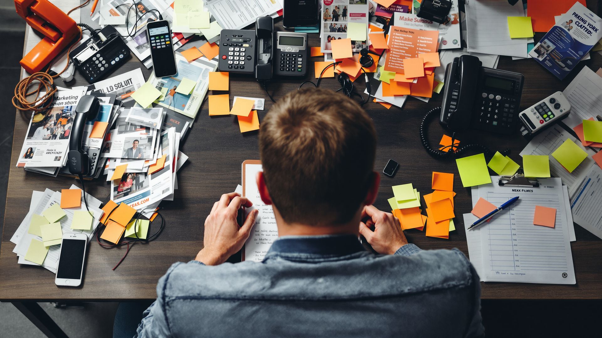 A cluttered desk filled with scattered marketing materials and disconnected devices, symbolizing the chaos of using multiple vendors and tools. A cluttered desk filled with scattered marketing materials and disconnected devices, symbolizing the chaos of using multiple vendors and tools.