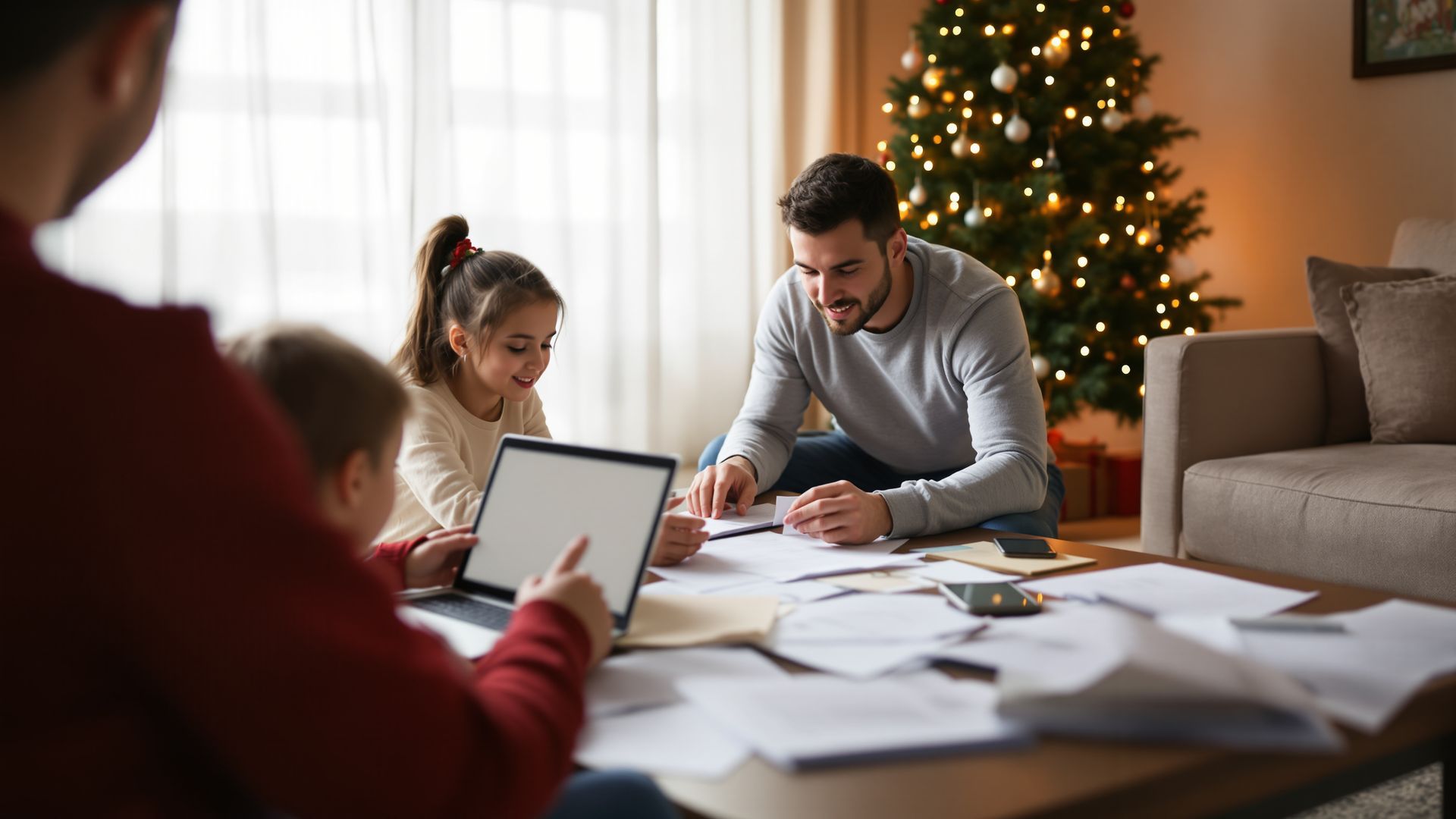 Parents viewed from behind reviewing insurance paperwork with children nearby in a holiday-decorated living room. Parents viewed from behind reviewing insurance paperwork with children nearby in a holiday-decorated living room.