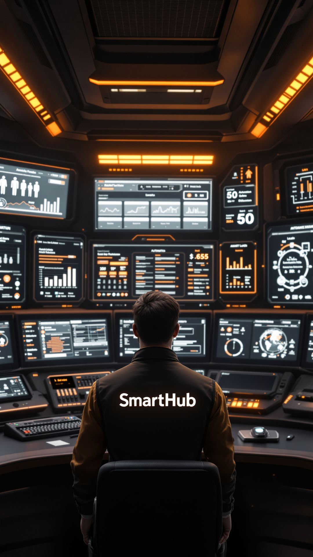 A worker facing a futuristic SmartHub control center filled with glowing analytics and automation screens, symbolizing a unified marketing headquarters. A worker facing a futuristic SmartHub control center filled with glowing analytics and automation screens, symbolizing a unified marketing headquarters.