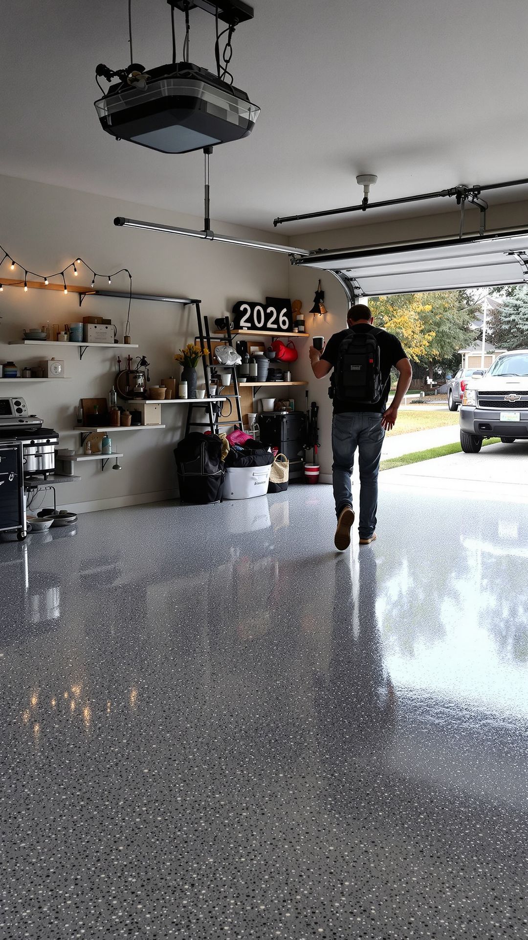 “Homeowner stepping onto a freshly coated polyaspartic garage floor decorated lightly for New Year’s.” “Homeowner stepping onto a freshly coated polyaspartic garage floor decorated lightly for New Year’s.”