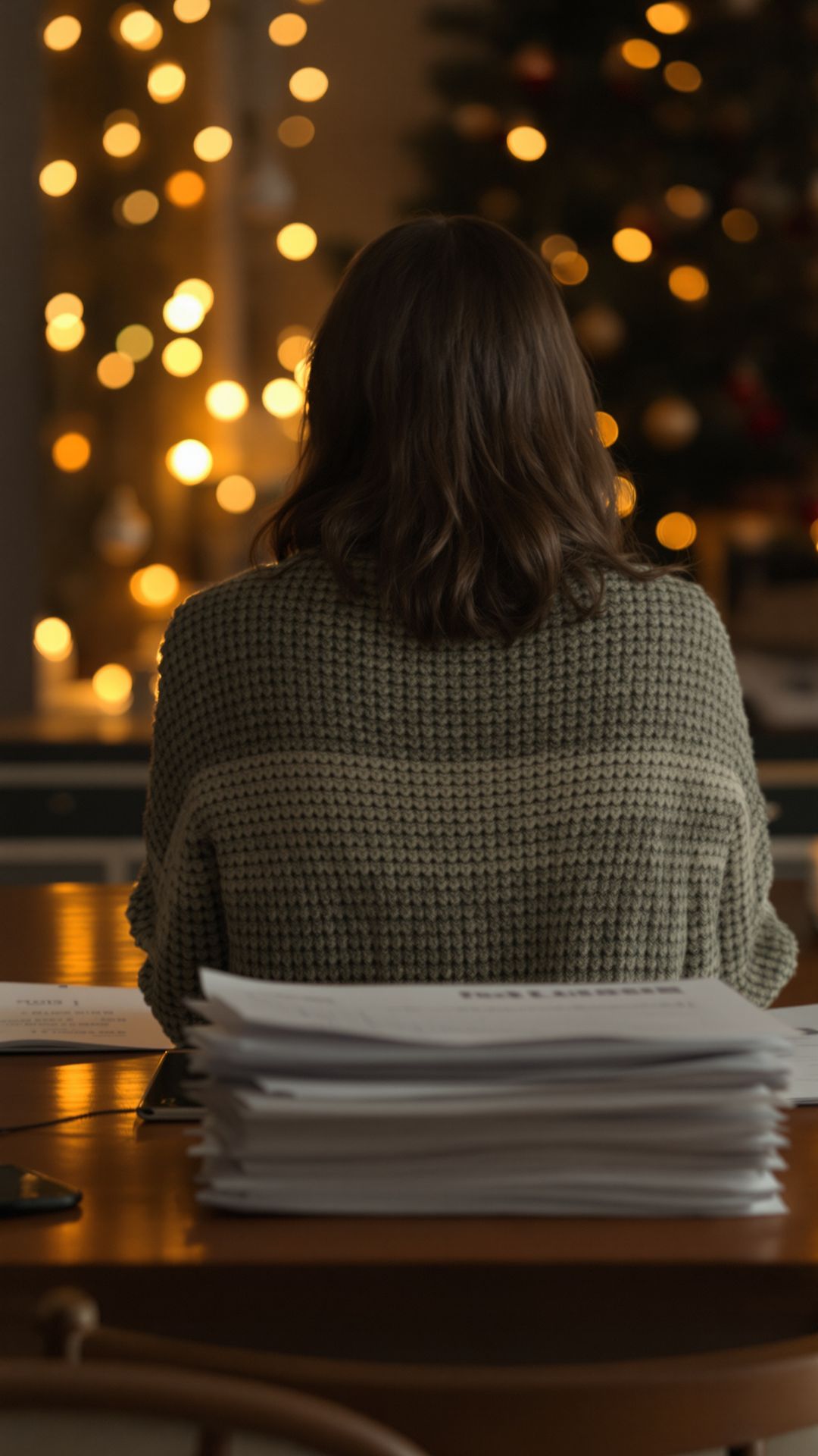 Woman reviewing bills and insurance paperwork at a holiday-decorated table. Woman reviewing bills and insurance paperwork at a holiday-decorated table.