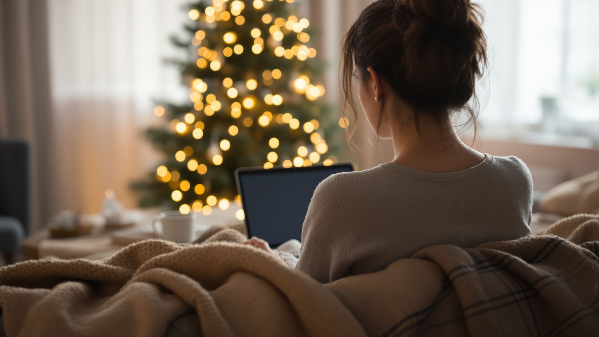 Woman sitting on a couch with a laptop in a cozy holiday setting. Woman sitting on a couch with a laptop in a cozy holiday setting.